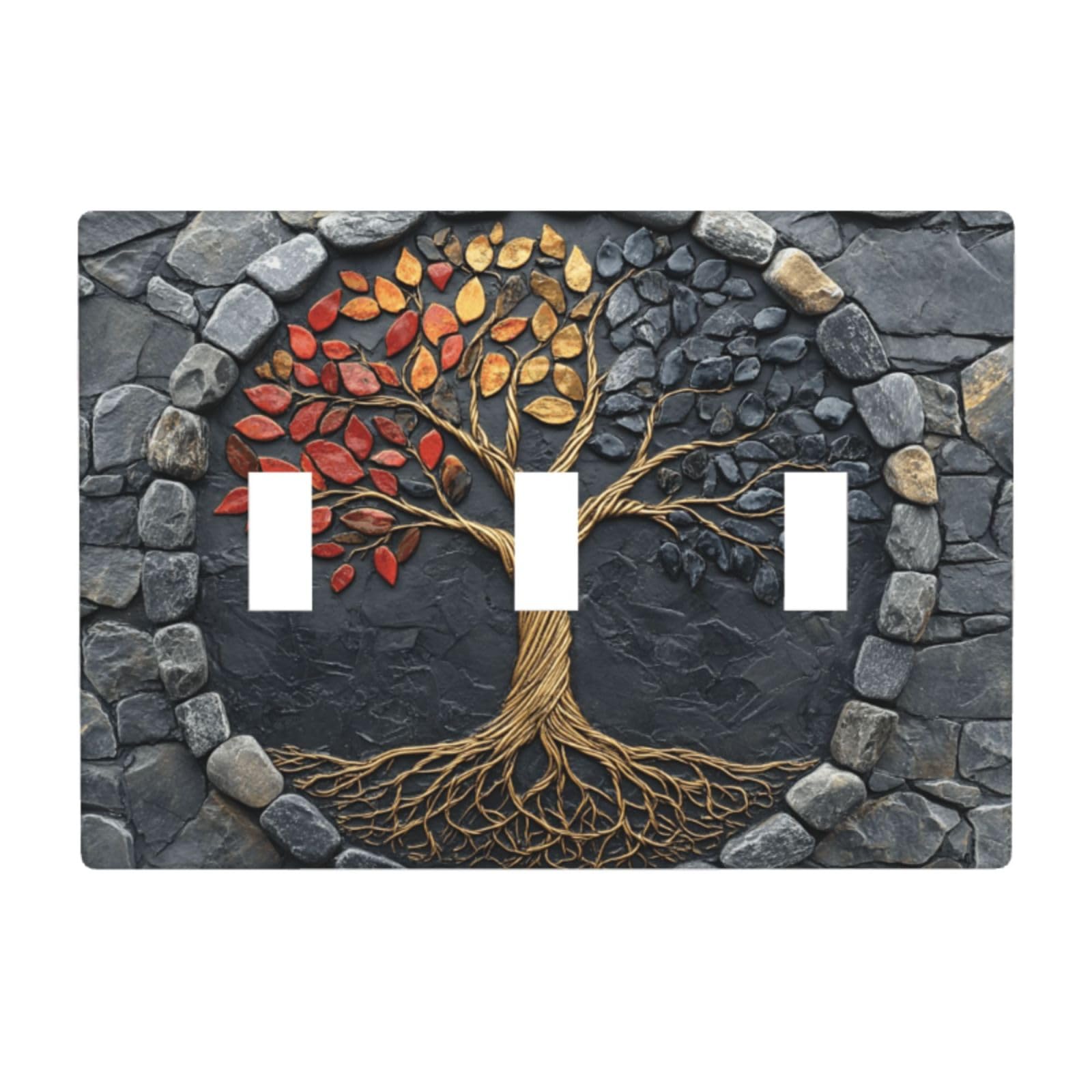 Woshuwo White Tree Of Life With Leaves Colorful Pebbles Light Switch Covers 3 Gang Triple Toggle Wall Plate Switchplate Electrical Faceplate For Bathroom Kitchen Bedroom Decor