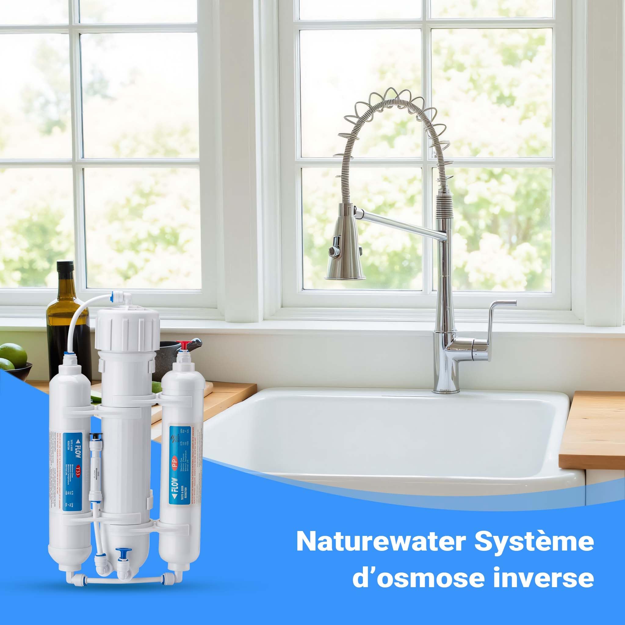 Naturewater NW-3RO-190 – Système d'Osmose Inverse (RO) à 3 étapes – 190 l/jour 50 GPD – Montage mural et sous évier – Osmoseur Filtration Purification Filtre à Eau potable robinet