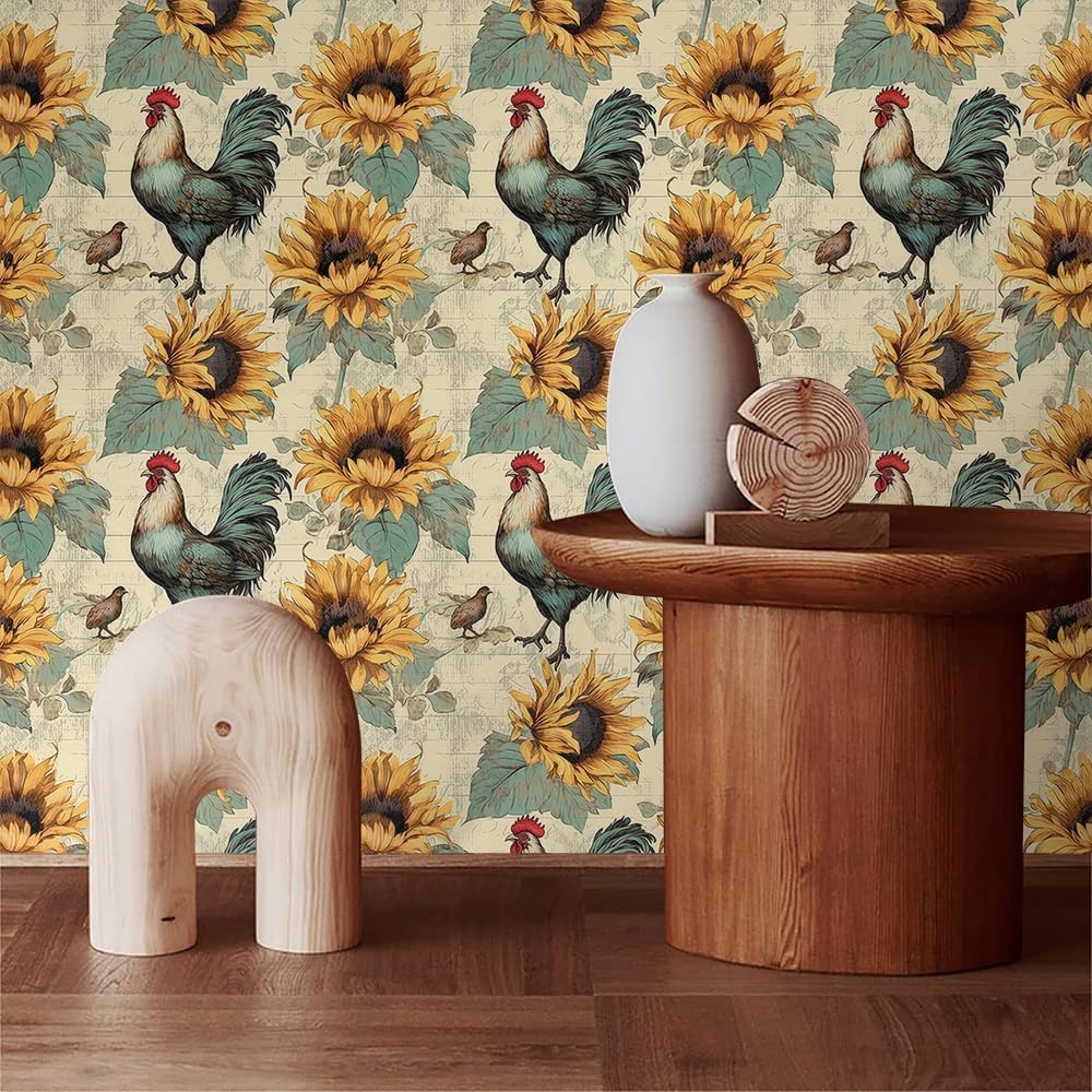 Vintage Sunflower Chicken Rooster Animal Rustic Farm Barn Bird Peel and Stick Wallpaper Easy Peel Off Stick on Adhesive Waterproof Wall Paper for Renter