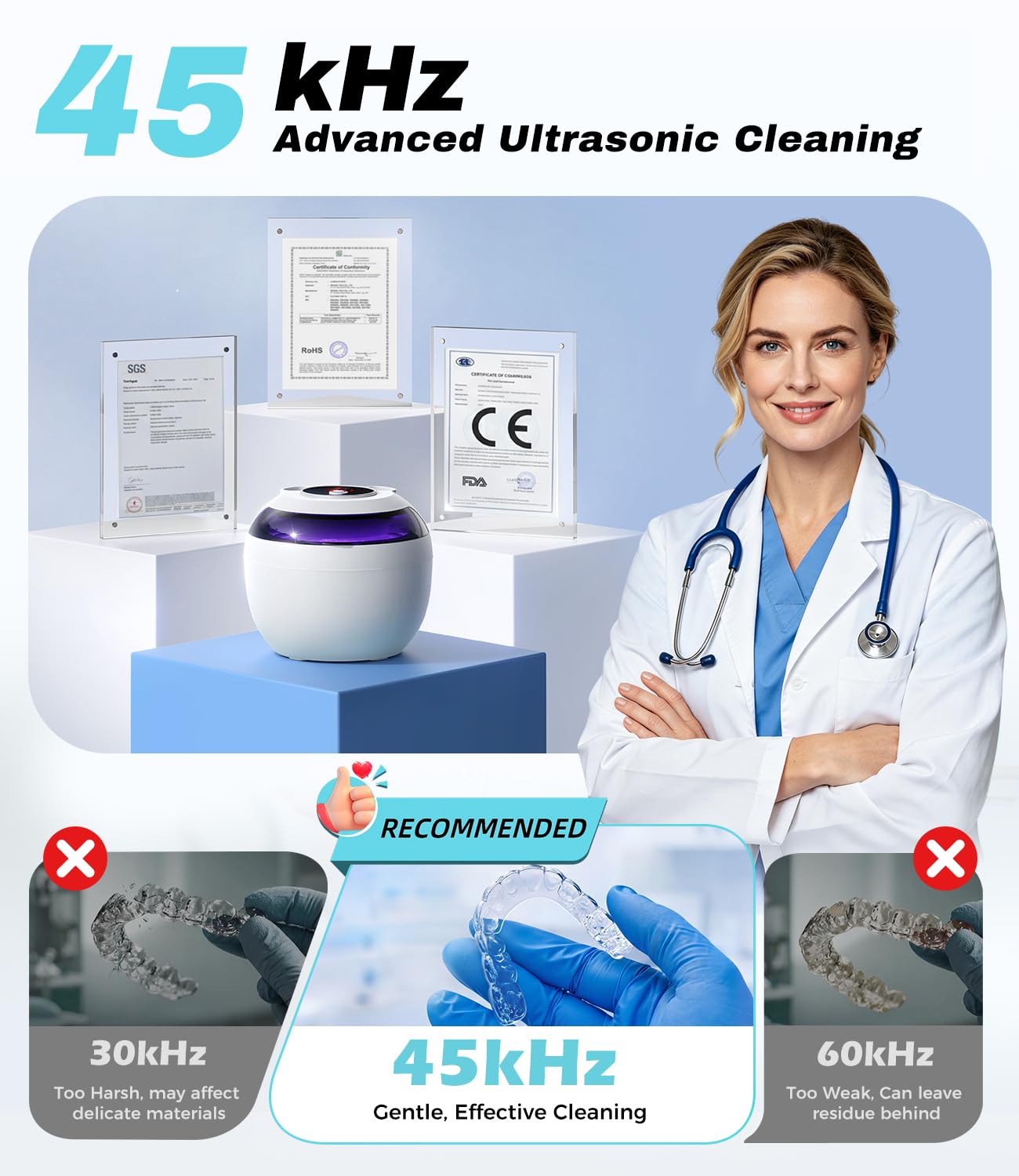 Macchina per la pulizia dentale ad ultrasuoni, 45 kHz profonda e morbida con serbatoio in acciaio inossidabile 304, 4 modalità di pulizia per allineatori, protesi, paradenti, paradenti