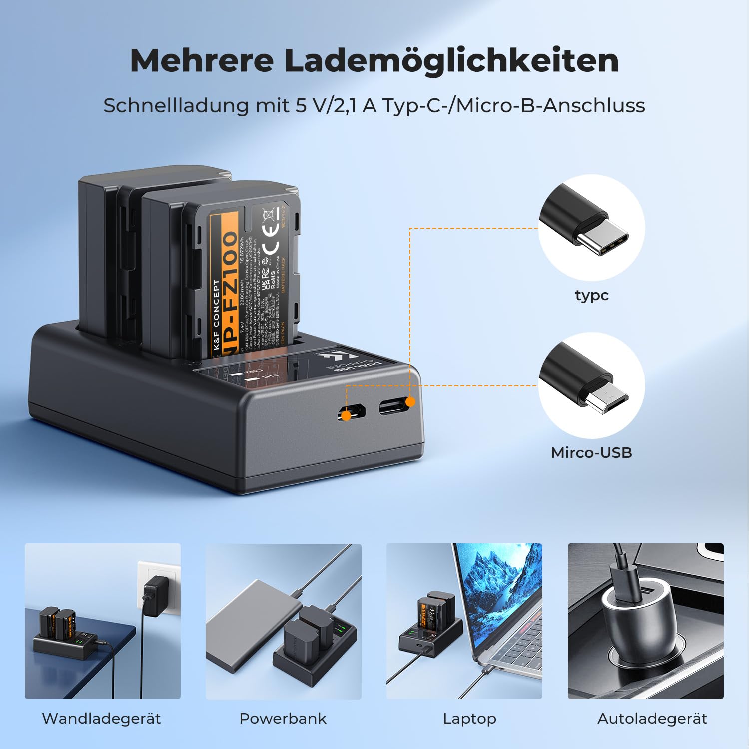 K&F CONCEPT NP-FZ100 Kamera Akku,2er Pack 2280mAh Kameraakku USB Dual Ladegerät für Sony Alpha 9, A9, Alpha 9R, A9R, Alpha 9S, A9S, A7RIII A7R3, A7 III, A7R4, A7RIV ZV-E10ii Digitalkameras