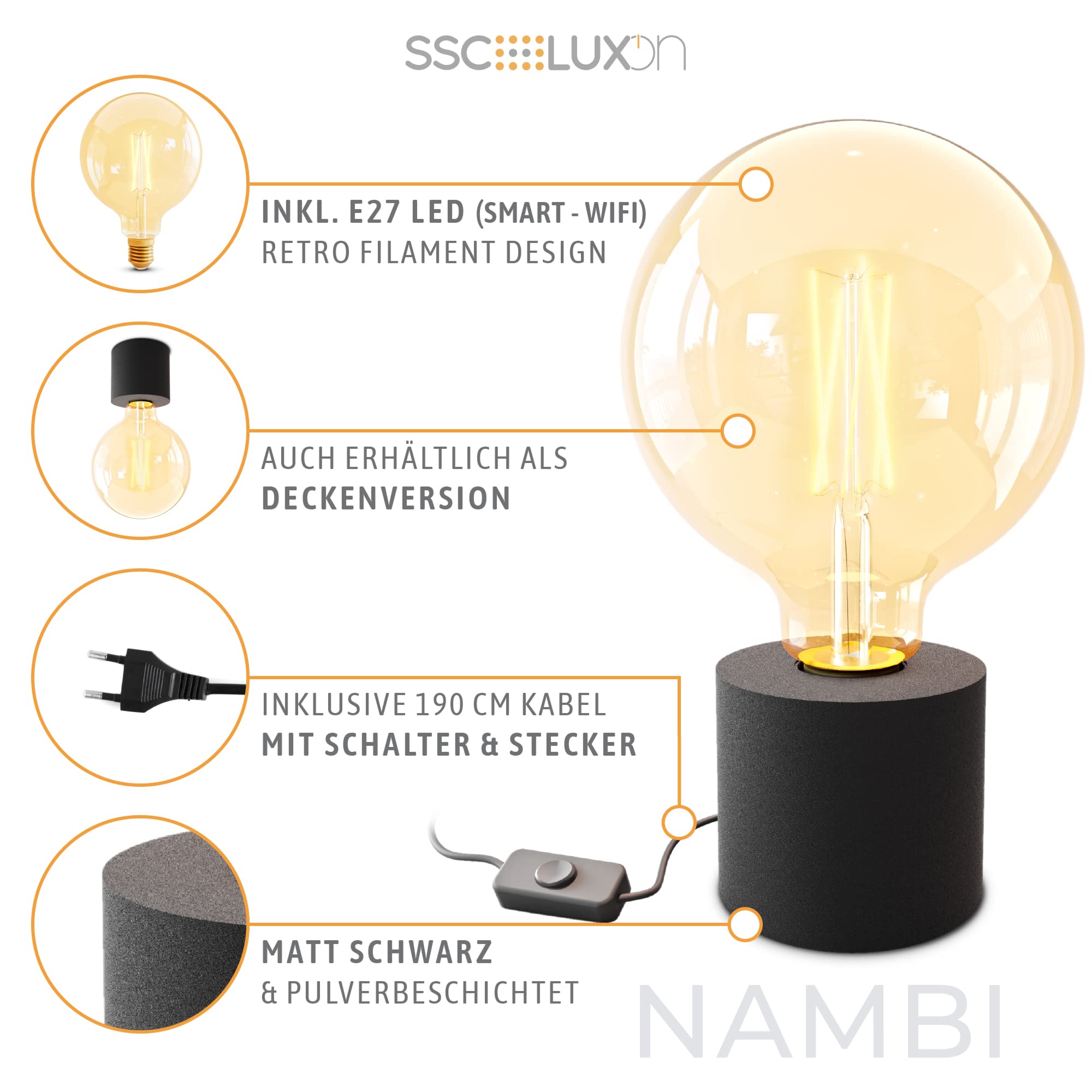 SSC-LUXon NAMBI Tischlampe Vintage schwarz inkl. Smart WiFi E27 LED Globe Birne - Tischleuchte mit Kabel und Schalter Steuerung per App & Sprache