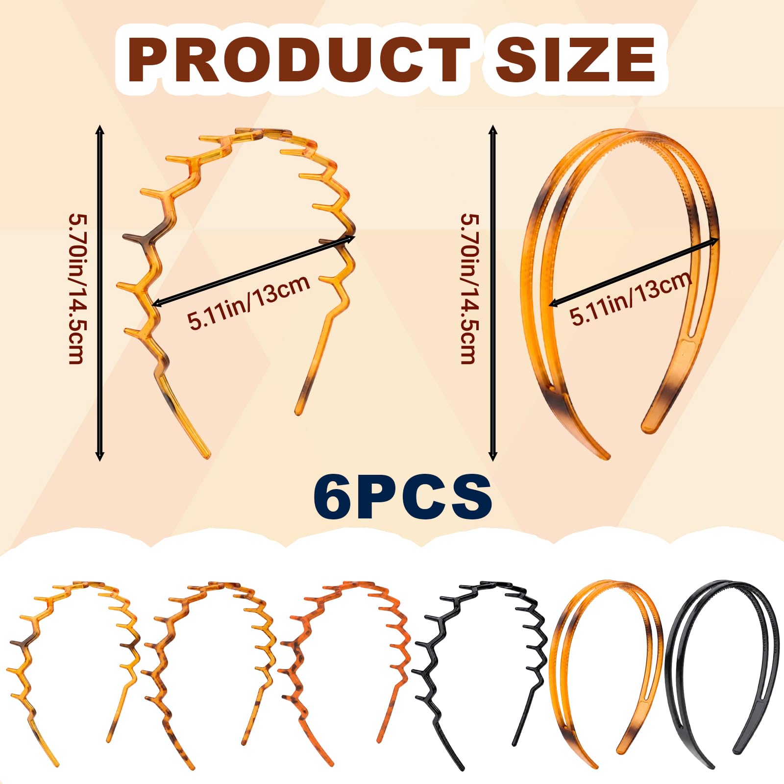Set di 6 cerchietti per capelli a zig-zag, con pettine a doppia fila di denti, in plastica, di alta qualità, antiscivolo, brillanti, accessori per capelli per donne e ragazze (nero/ambra)