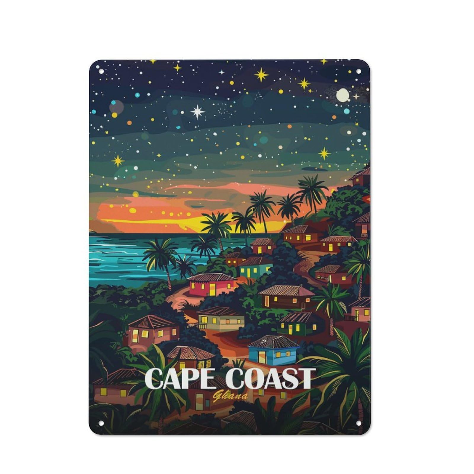 Junmoney Style-12 For Living Room Wall, Cape Coast Ghana Night Illustration Rustic Metal Wall Sign 40X30cm, For Vintage Wall Decor Fans, For Garage And Workshop Walls