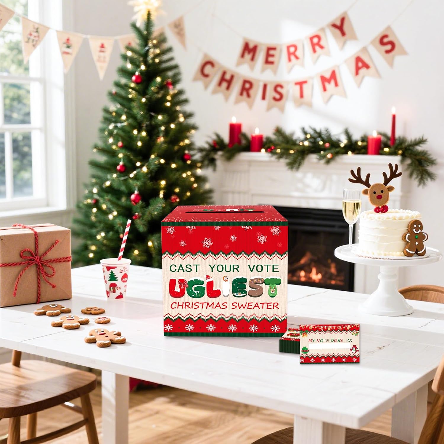Ugly Christmas Sweater Contest Ballot Box with 50 Voting Cards, 8.7" Party Voting Card Box for Christmas Game Party Decorations, Ugly Sweater Competition Party Game Supplies