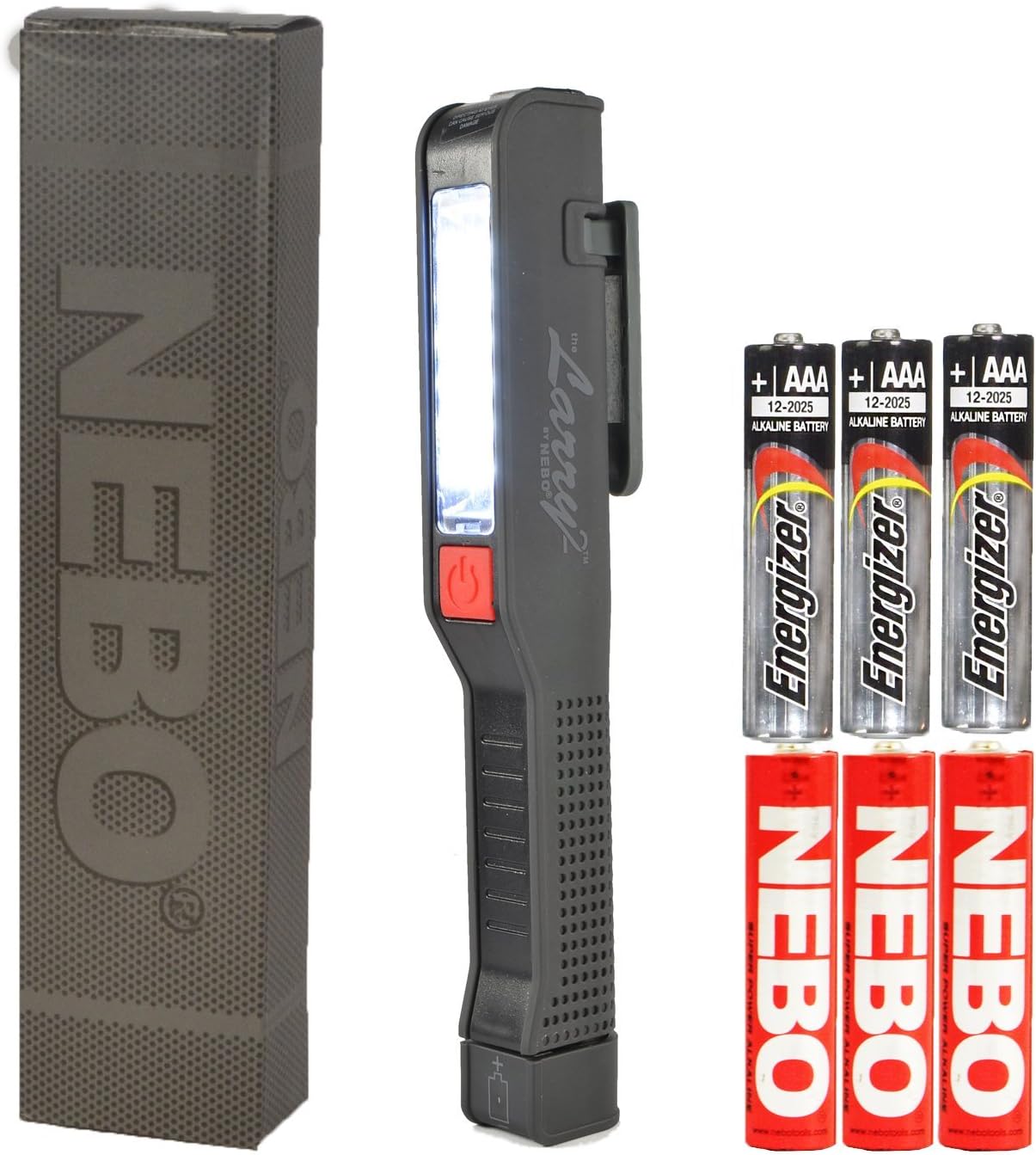 BUNDLE: NEBO Larry 2 Pocket Work Light LED Flashlight 6053 BLACK w/ 3 EXTRA AAA Energizer Max Alkaline batteries