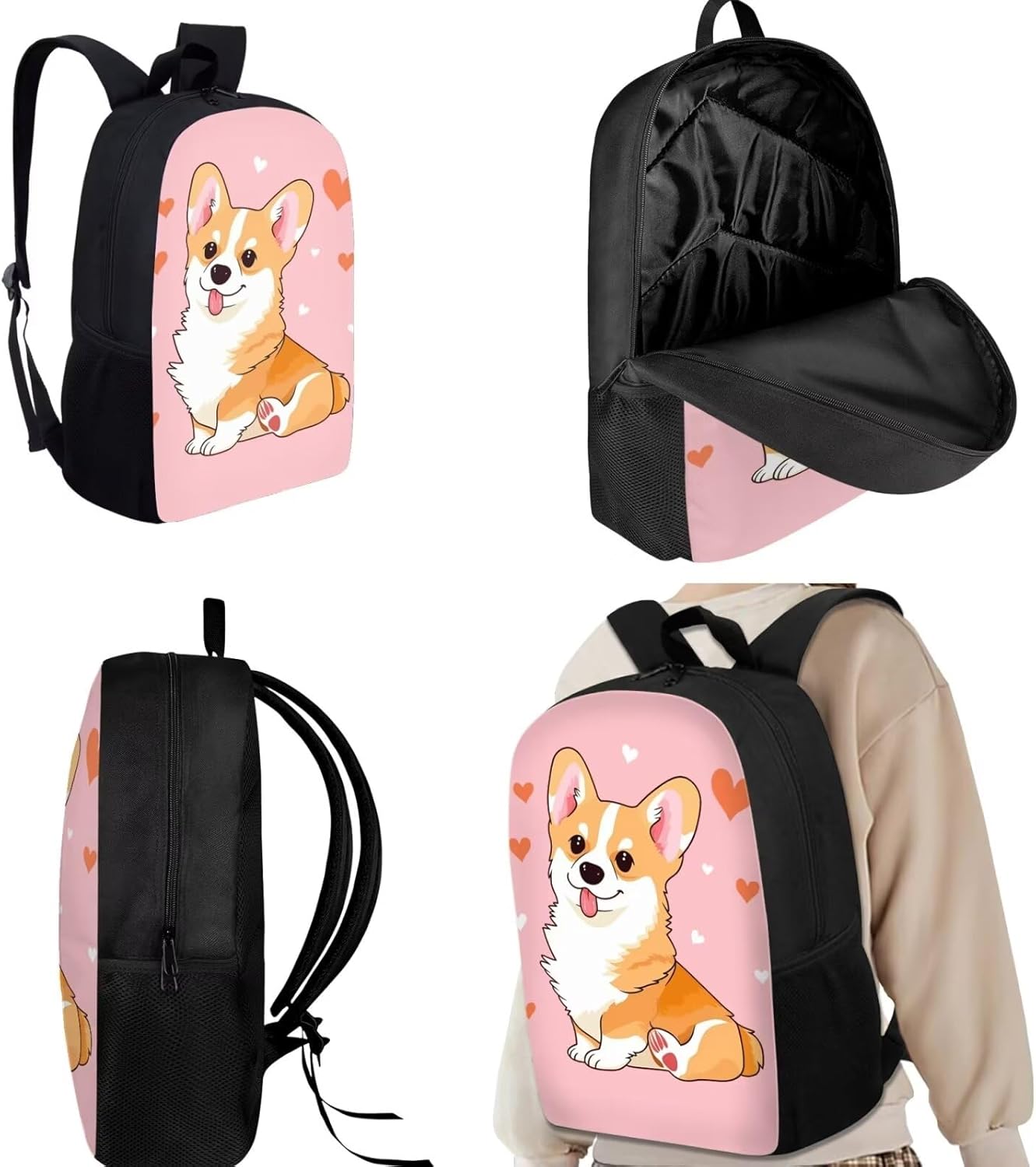 DISNIMO Cute Corgi Girls Backpack with Lunch Box Primary Elementary Middle School Kids Bookbag Lightweight Book Bag for Kids Teens School Bag Set with Pencil Case 3Pcs