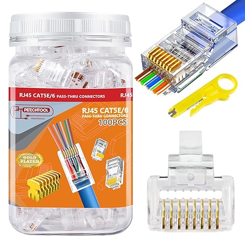 PETECHTOOL Conector RJ45 CAT6 Paso de extremo a través de extremos Ethernet Cat6 Enchufe modular 8P8C para cable Ethernet UTP sólido o trenzado