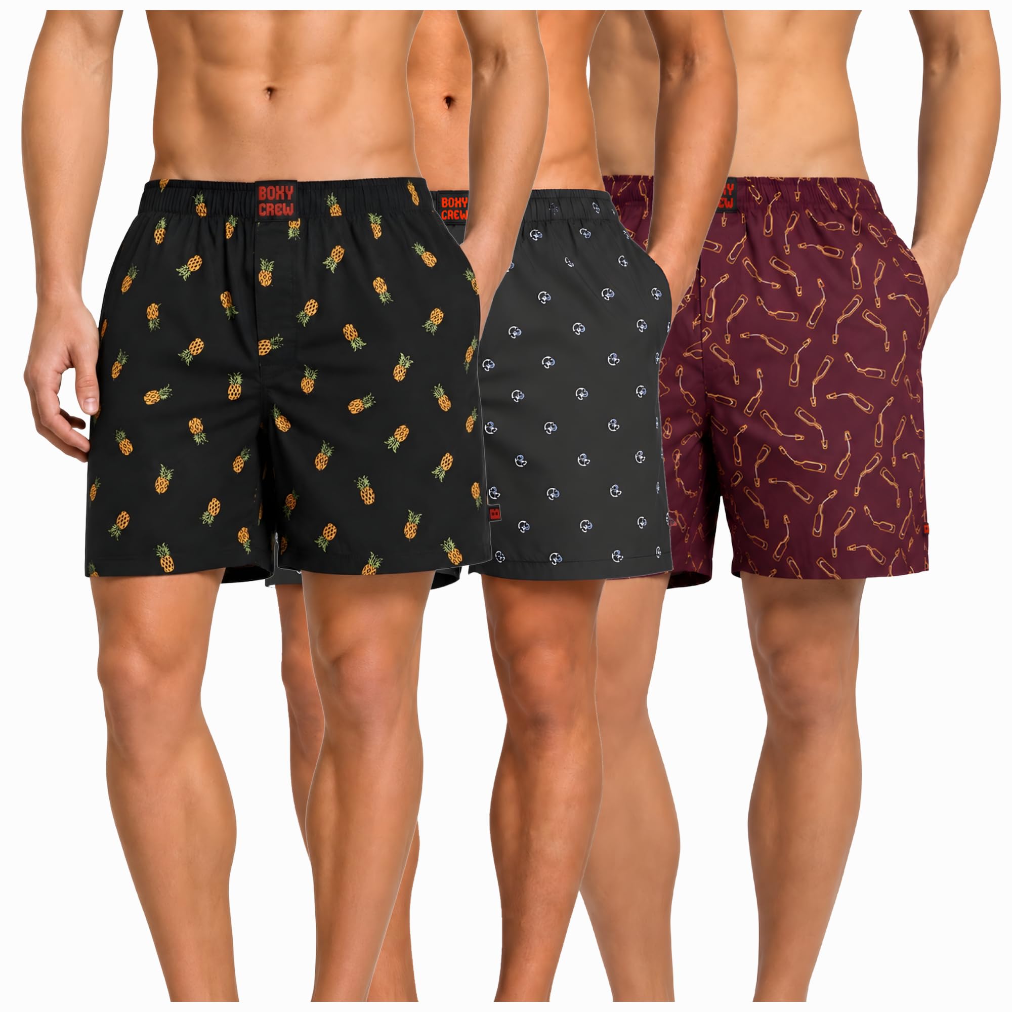 Men's 100% Cotton Boxer Shorts Pack of 3, Charcoal, Navy Blue & Maroon | Woven Boxers with Side Pockets, No-Marks Elastic Waistband, Breathable Relaxed Fit | Style 004-009-014-image-47