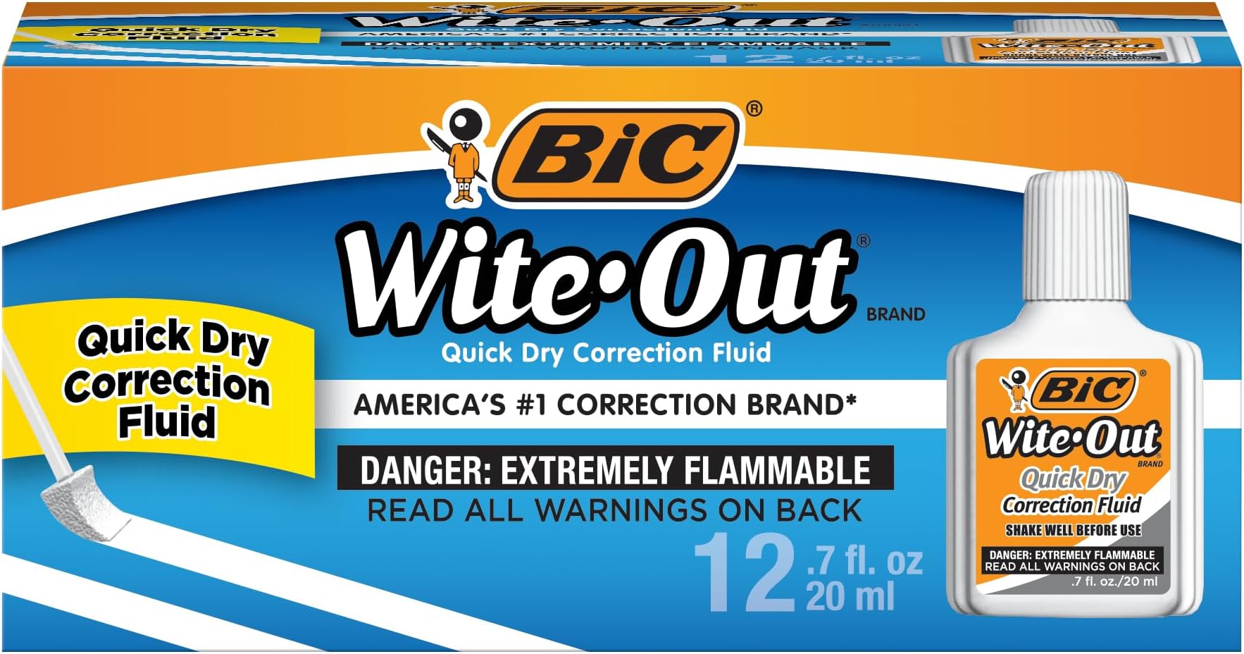 BIC Wite Out Quick Dry Correction Fluid, 20 mL, White, Goes on Easy With A Reduced Dry Time, 12-Count Pack