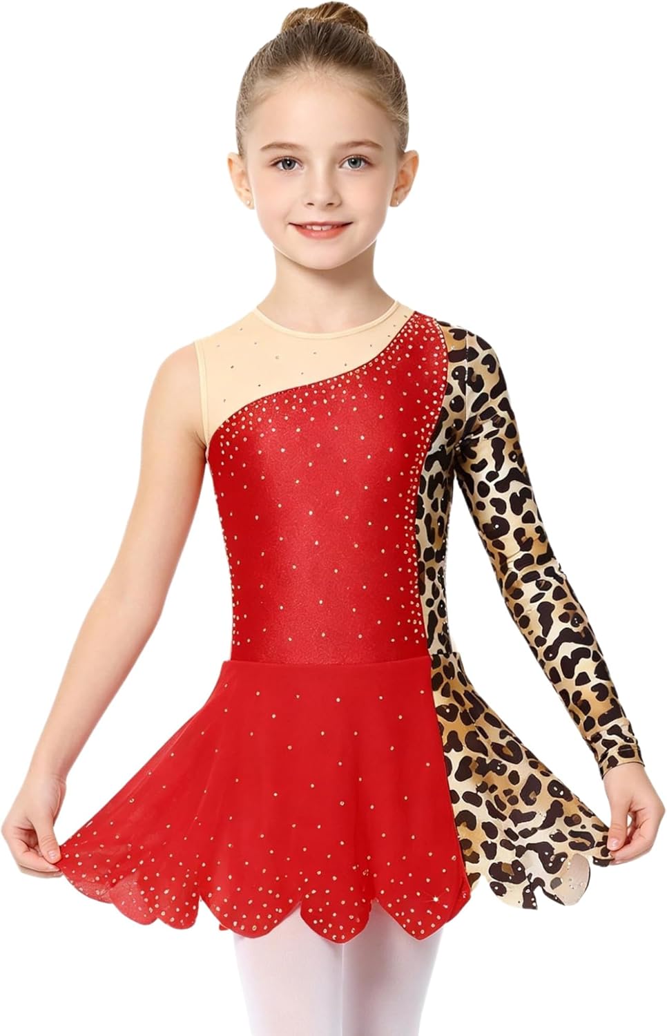 Girl One Shoulder Long Sleeve Ballet Dance Outfit Sparkly Rhinestones Leopard Print Gymnastics Leotards for Kids