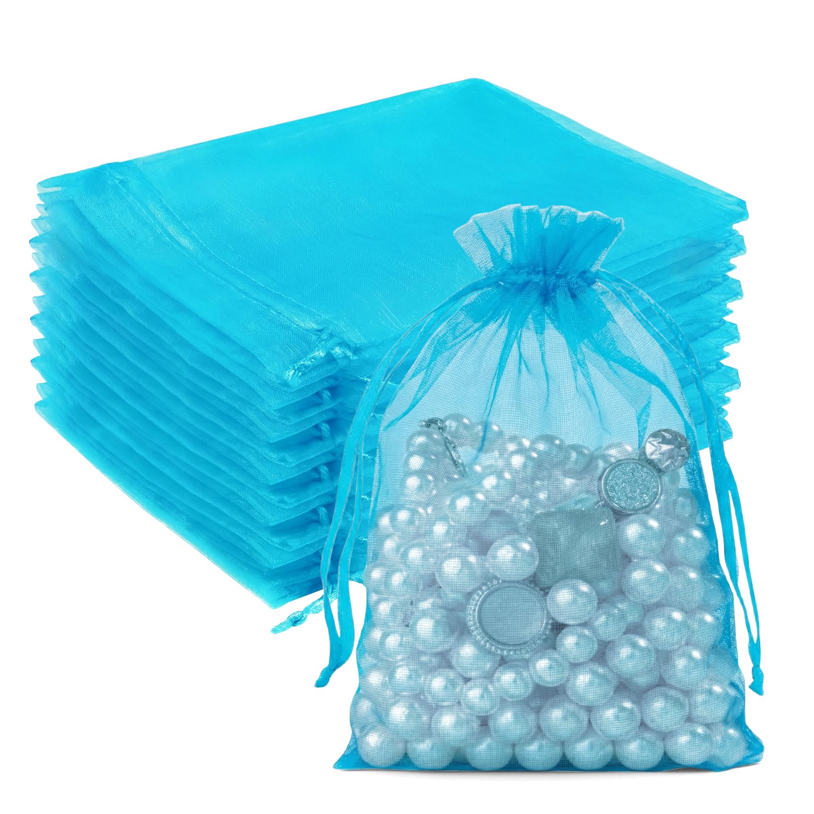 Crweety 50 Pcs Organza Bags 4x6, Lake Blue Small Mesh Gift Bags Drawstring