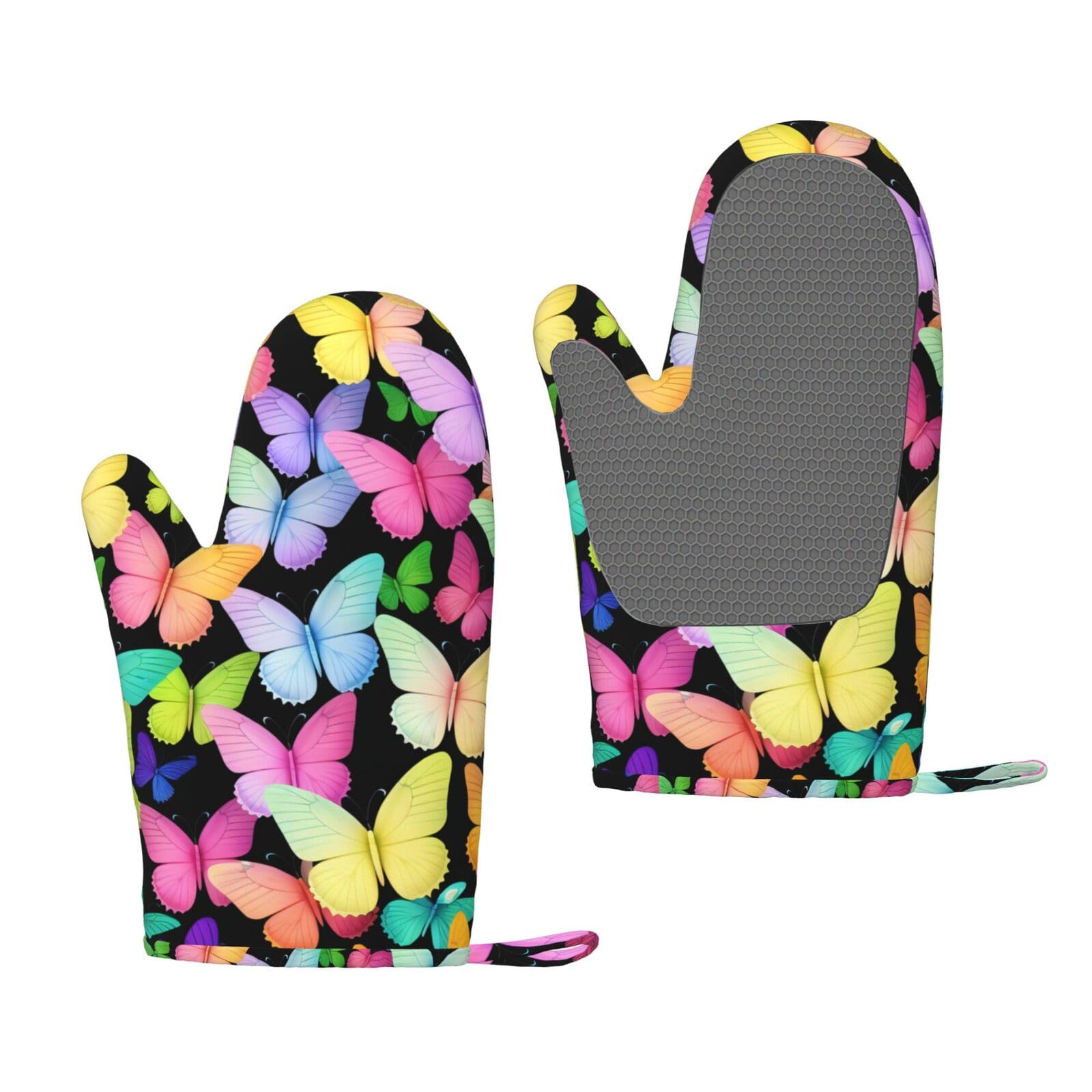 Butterflies Print Oven Mitts Sets,Kitchen Glove, Silica Gel Surface Safe for Baking, Cooking, BBQ,Cooks Gifts,Pack of 2