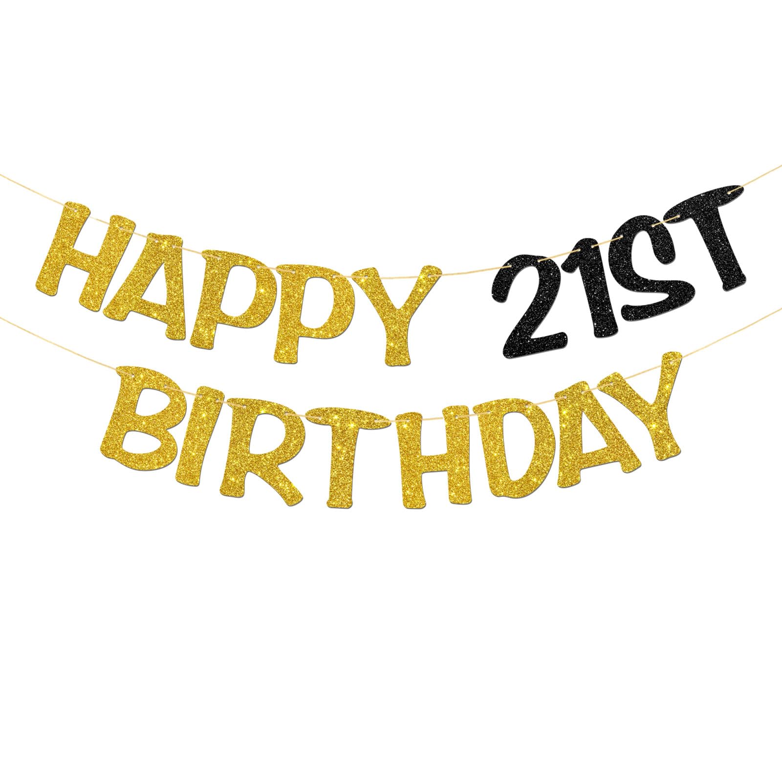 Happy 21st Birthday Banner - Adult 21st Birthday Party Garland Supplies - Cheers to 21 Years Party Decorations - Gold Black Glitter