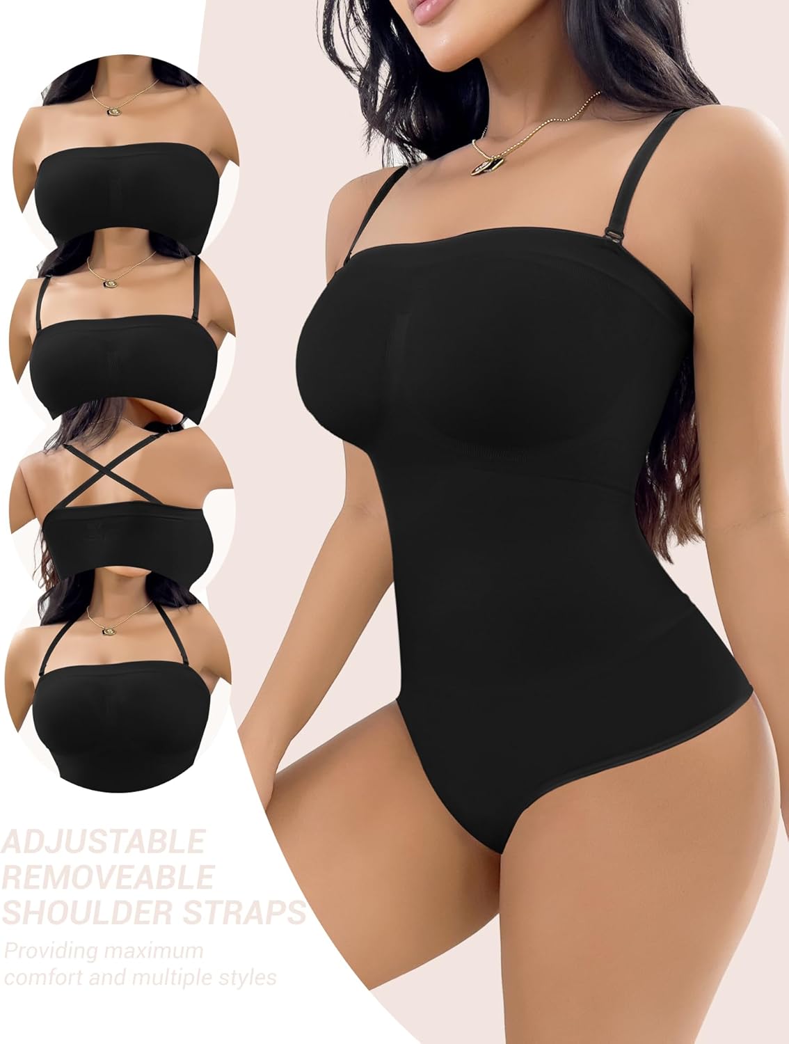Women's Strapless Shapewear Bodysuit Tummy Control Seamless Sculpted Body Shaper with Removable Straps - Image 3