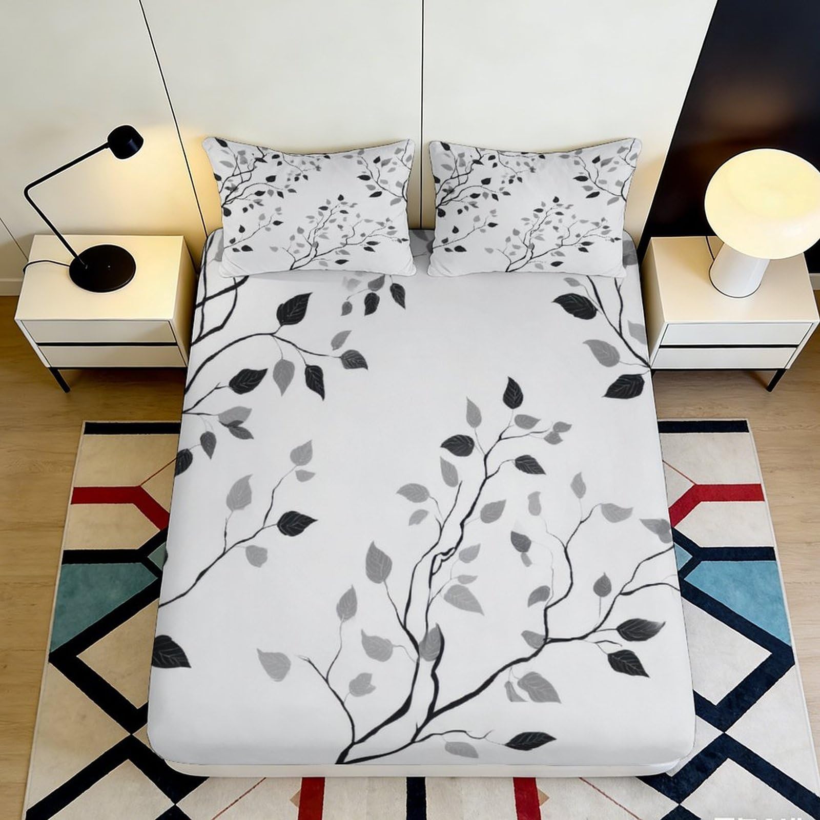 3D Printed Botanical Branch Fitted Sheet Microfiber Soft Breathable Leaf Pattern Mattress Cover for Bedroom Guest Room Décor 140x200x25cm