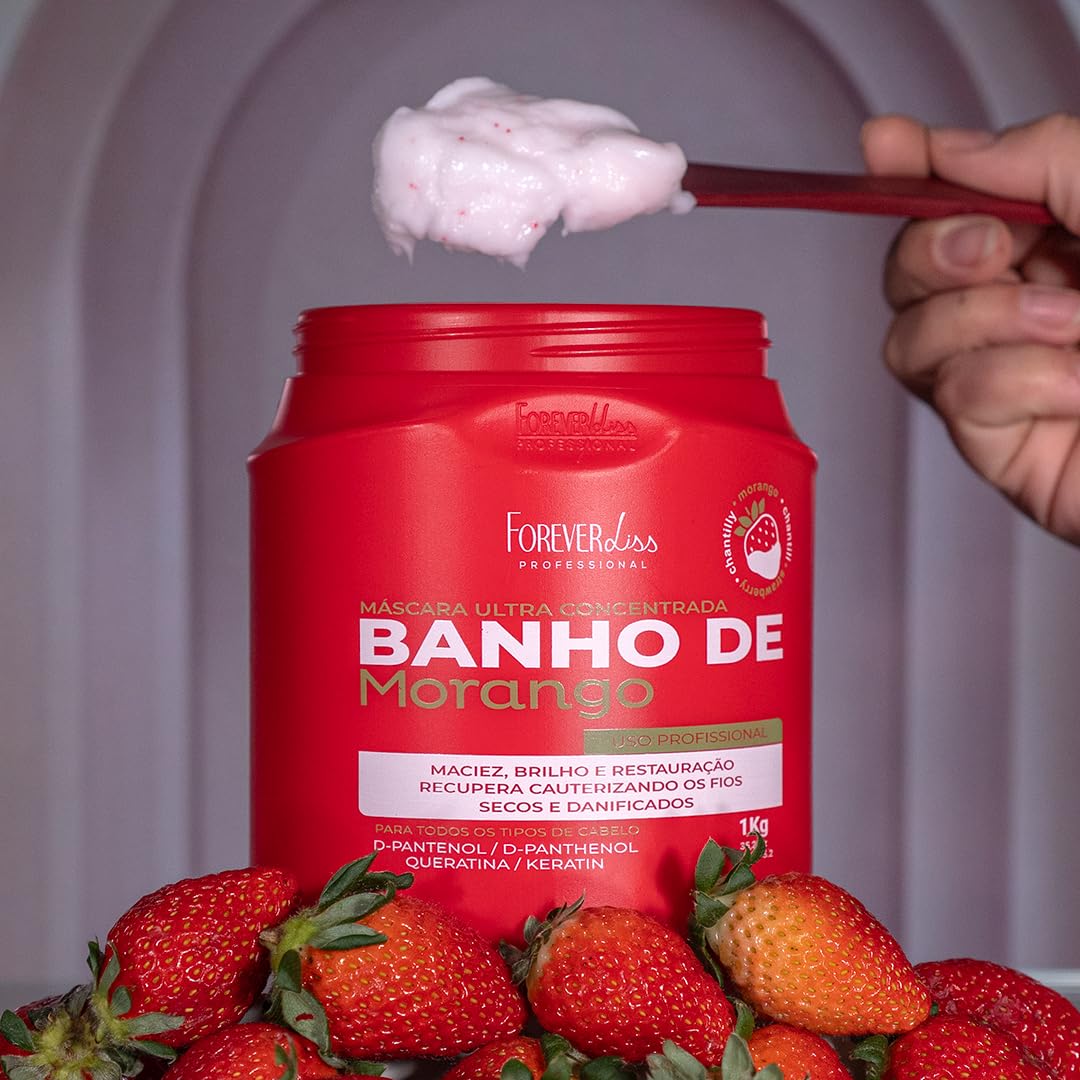 Forever Liss - Linha Banho de Verniz Morango - Mascara Nutricao e Brilho 1000 Ml - (Colección de baño de barniz de fresa - Red de máscara nutrición y brillo 35 oz)