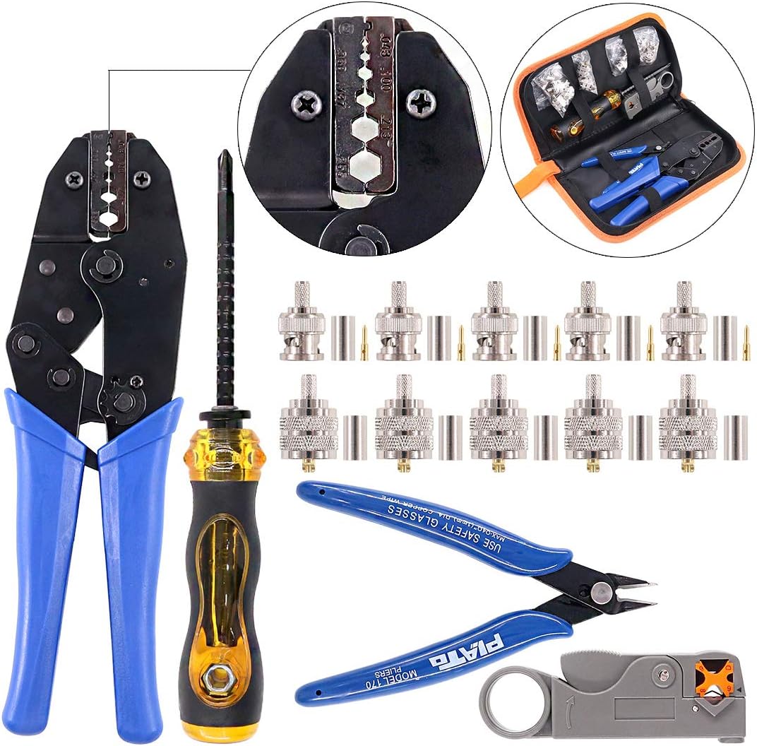 Swpeet 14Pcs Professional Coaxial Cable Tool Kit, Ratcheting Wire Terminal Coaxial Cable Tool Kit with 1Pcs Cable Stripper and 10pcs 50 Ohm Crimp Male/Straight Connectors for Coax Connectors