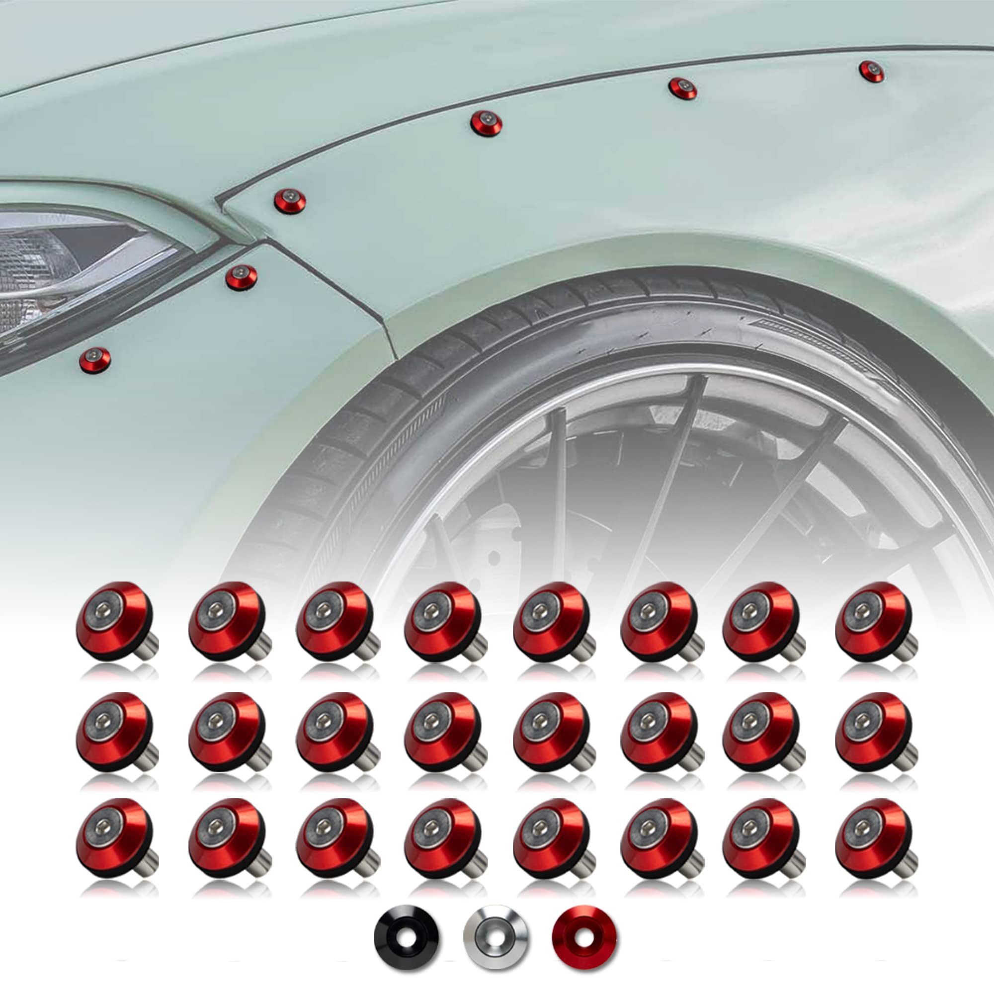 Rolling Gears 24-Piece M6 Red Tapered Anodized Aluminum Washer Bolt Kit, Hardware Kit for Widebody, Fender Flares, Bumpers, Mud Flaps and Engine Bay