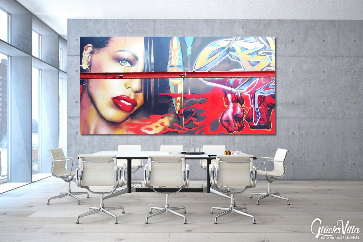 Glücksvilla - Graffiti 2 (Leinwand-Bild 2 cm, 160 x 80 cm) | div. Maße - aus DE - Kunstdruck Deko Wandbild quer - Paris Gemälde sprayen Kunst Mann Airbrush