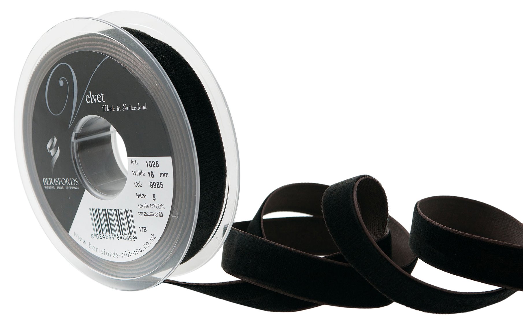 Berisfords Velvet Ribbon, Black Coffee, 10.2 x 2.1 x 10.2 cm