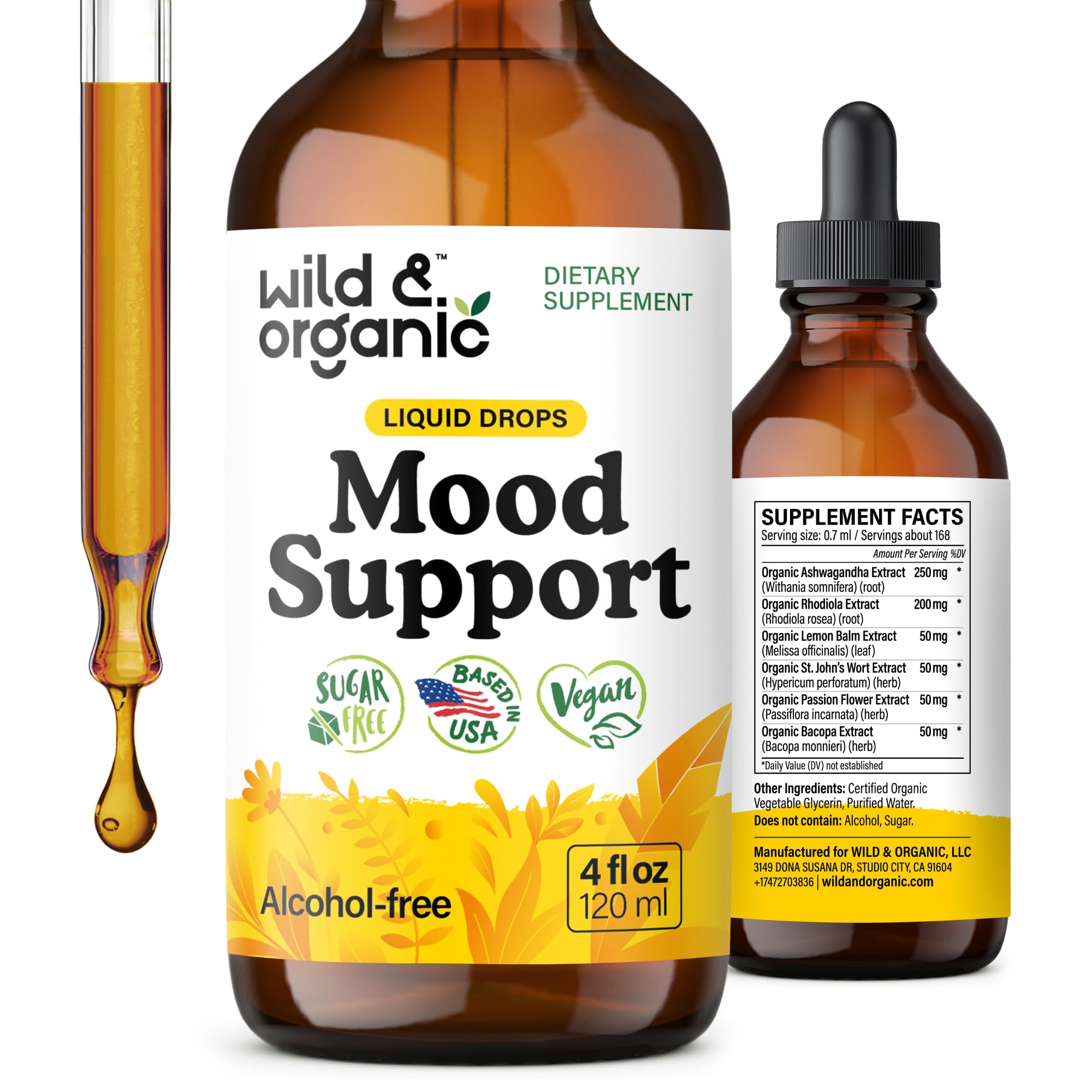Wild & Organic Mood Support Supplement - Natural Liquid Drops for Positive Energy - Calm Mind Supplement for Women and Men - Non-Alcohol Ashwagandha & Rhodiola Rosea Root Tincture for Good Mood - 4 oz
