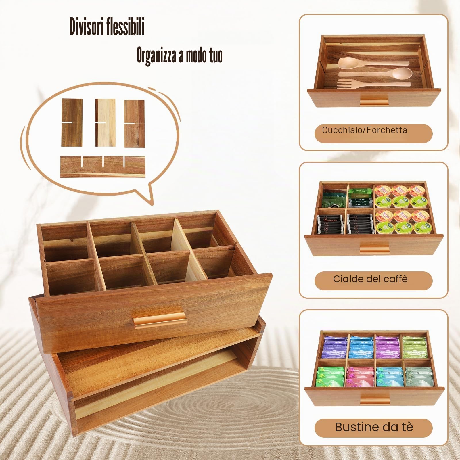 Scatola da tè in legno con 8 scomparti, 32,3 x 20,5 x 12,5 cm, tipo di cassetto con manico, per conservare bustine di tè ed erbe aromatiche
