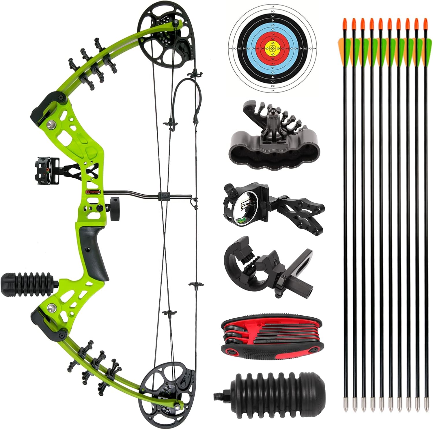 Compound Bow and Arrow Kit Youth Bow and Arrow Set, 15-45 Lbs Draw Weight, 18"-29" Draw Length, Right Handed Bow for Beginner, 320 Fps Hunting & Target Bow with All Accessories Green