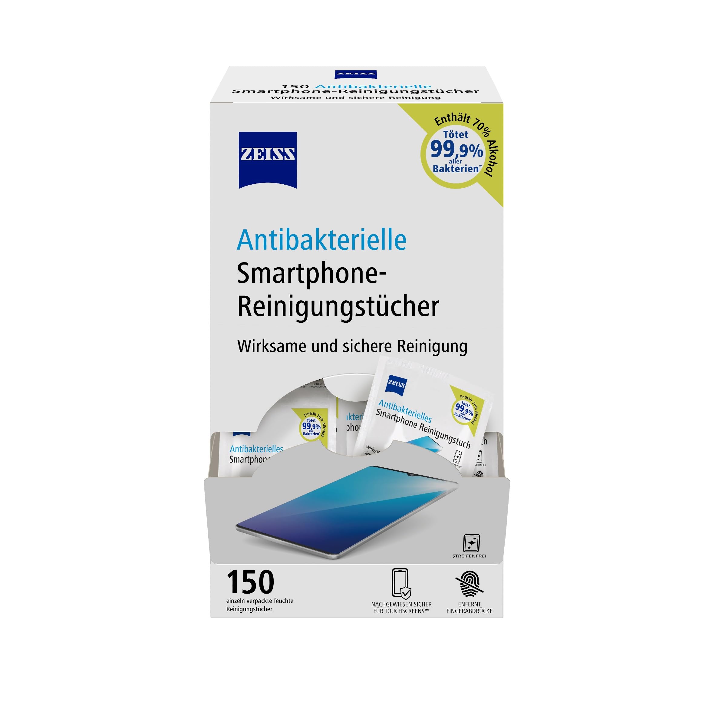 ZEISS antibakterielle Smartphone-Reinigungstücher 150 Stück - schnell trocknende Rezeptur - entfernt Bakterien, Fingerabdrücke, Schmutz, Staub & Fett - jedes Tuch einzeln verpackt | antibakteriell, schnell trocknend, schonend, ideal für unterwegs & Reisen