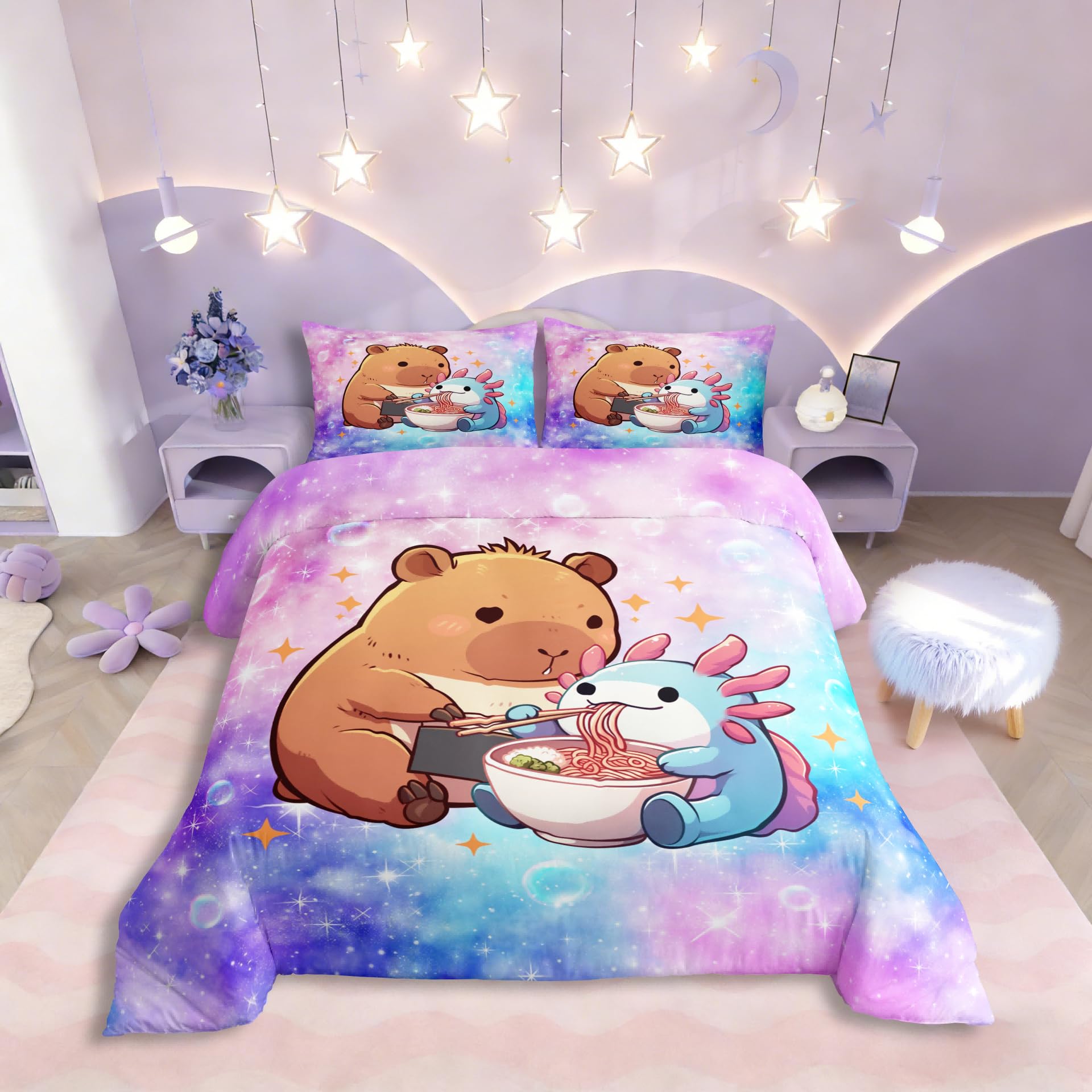Homewish Capybara Axolotl Druck Bettwäsche 200x200cm Cartoon Tiere Bettbezug Set für Jungen Mädchen Jugendliche Kinder,Ombre Regenbogen Bettwäscheset Blase Sternenhimmel Bett Set Raumdekor Dekor