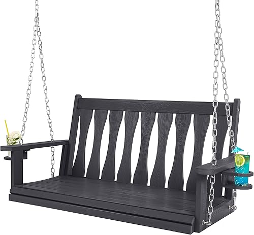 Miniatura 8 de HIPS - Columpio colgante de porche para exteriores todo clima, banco colgante de 2 asientos con portavasos, silla de columpio de patio con cadenas
