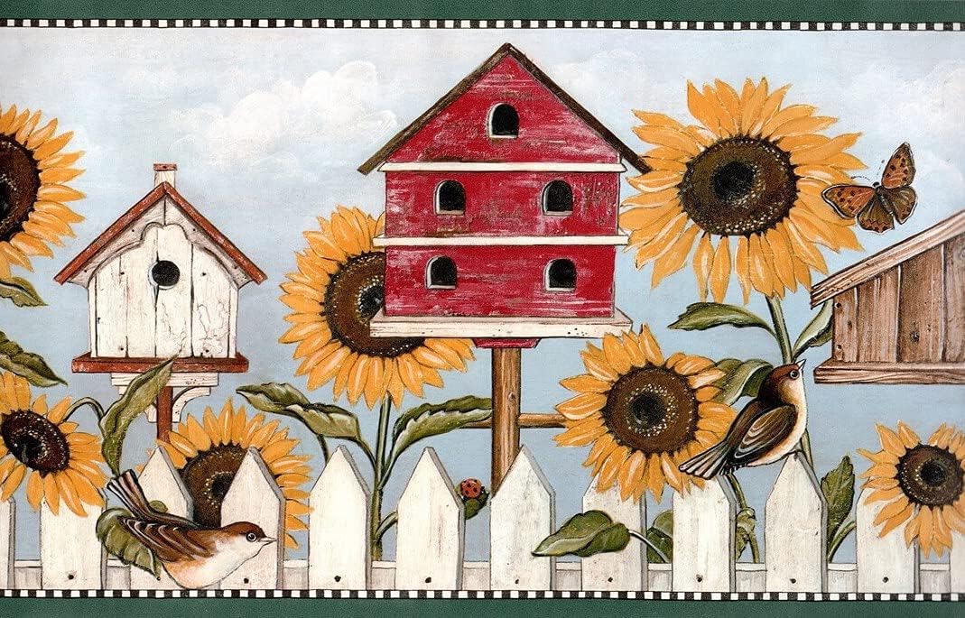 Sunflower Birdhouse Butterfly Bird Rustic Wallpaper Border Retro Design, Roll 15' x 10.25''