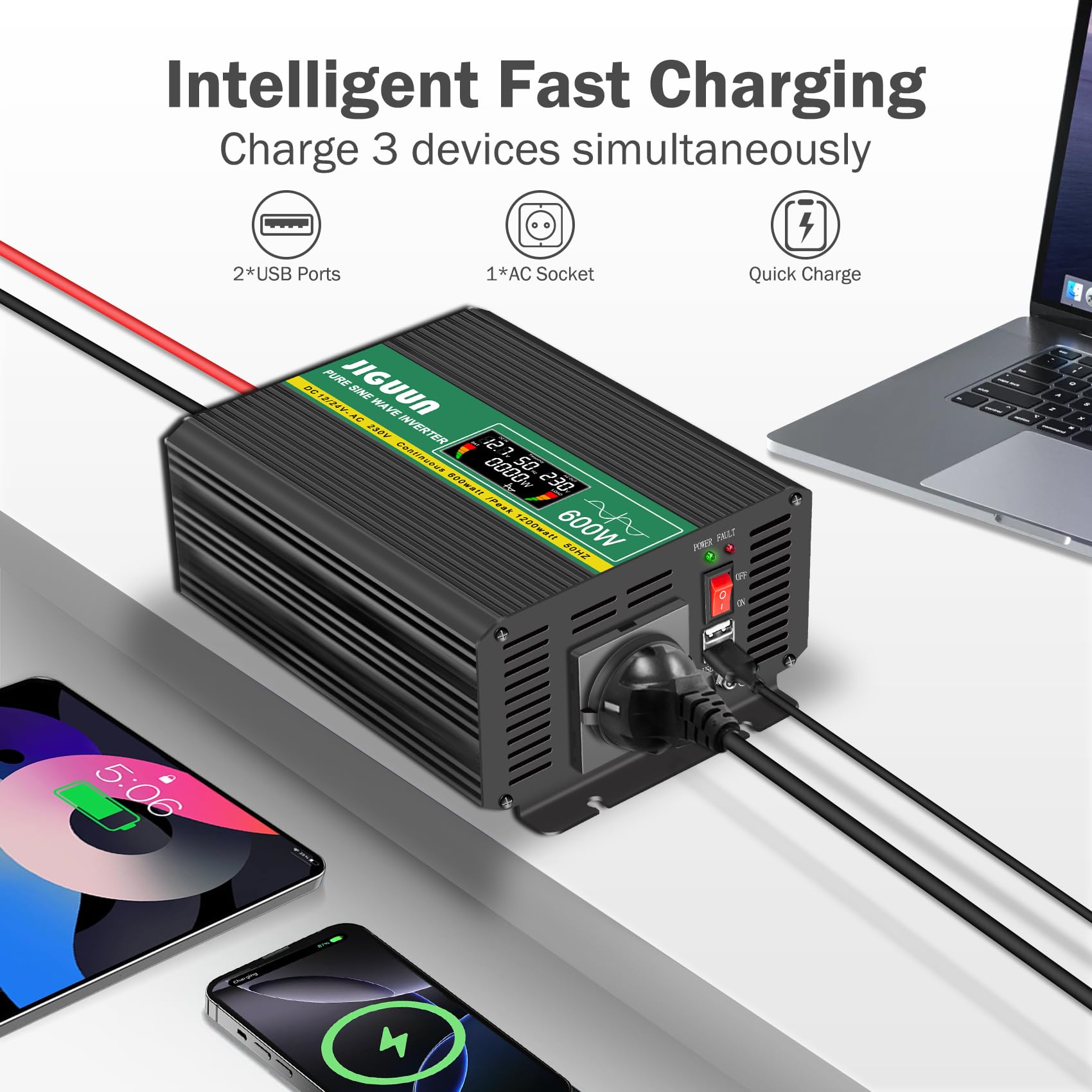 JIGUUN 600W inverter 12V/24V 220V onda pura Trasformatore con 1 prese EU e 2 porta USB 2.4A Telecomando senza fili e display LCD Potenza di picco 1200W per camion camper emergenza