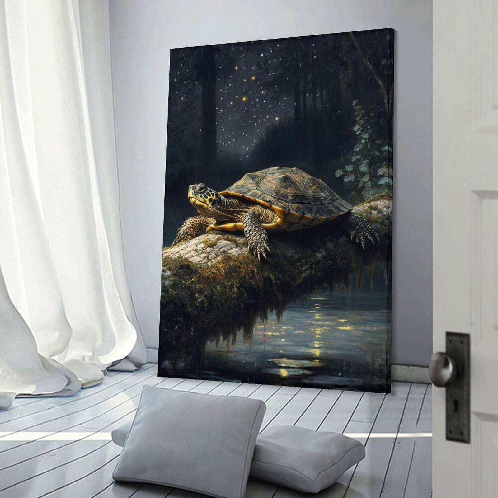 Junmoney Frame-Style-25 Decorative Canvas Print Turtle On A Mossy Log At Night, 24X36inch(60X90cm), For Home Office, Desk Area Or Studio, Home Office Artwork With Decorative Appeal