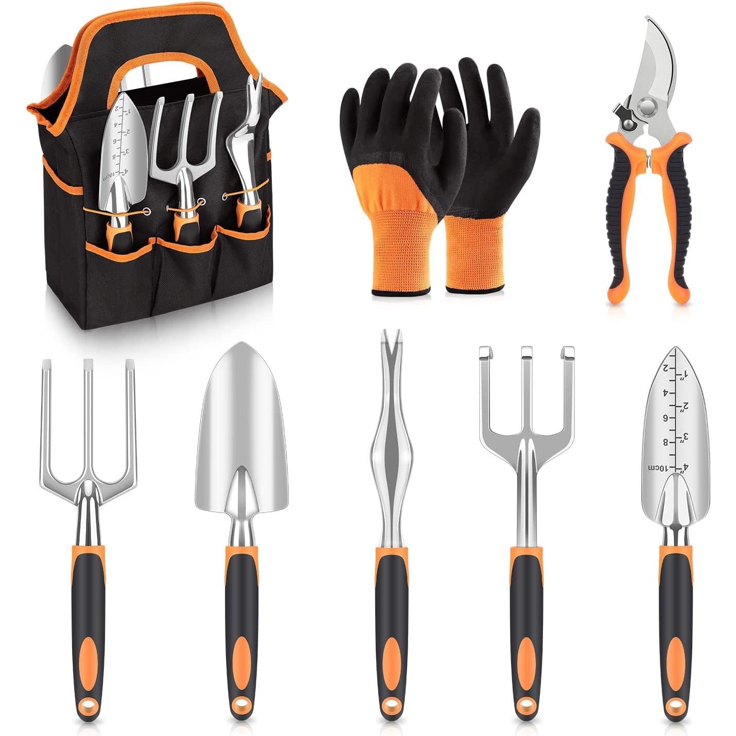 Set di attrezzi da giardino, 8 pezzi, kit di attrezzi da giardino resistente, con utensili manuali per esterni, guanti da giardino e borsa portaoggetti, attrezzi da giardinaggio, regalo per donne e