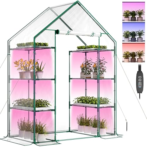 Indoor Greenhouse with Grow Light, 4-Tier 56.3"x28.7"x76.8" Mini Greenhouse with Roll-Up Zippered PVC Cover for Seed Starting Trays, Dimmable Grow Light Shelf for Indoor Plants with Timer