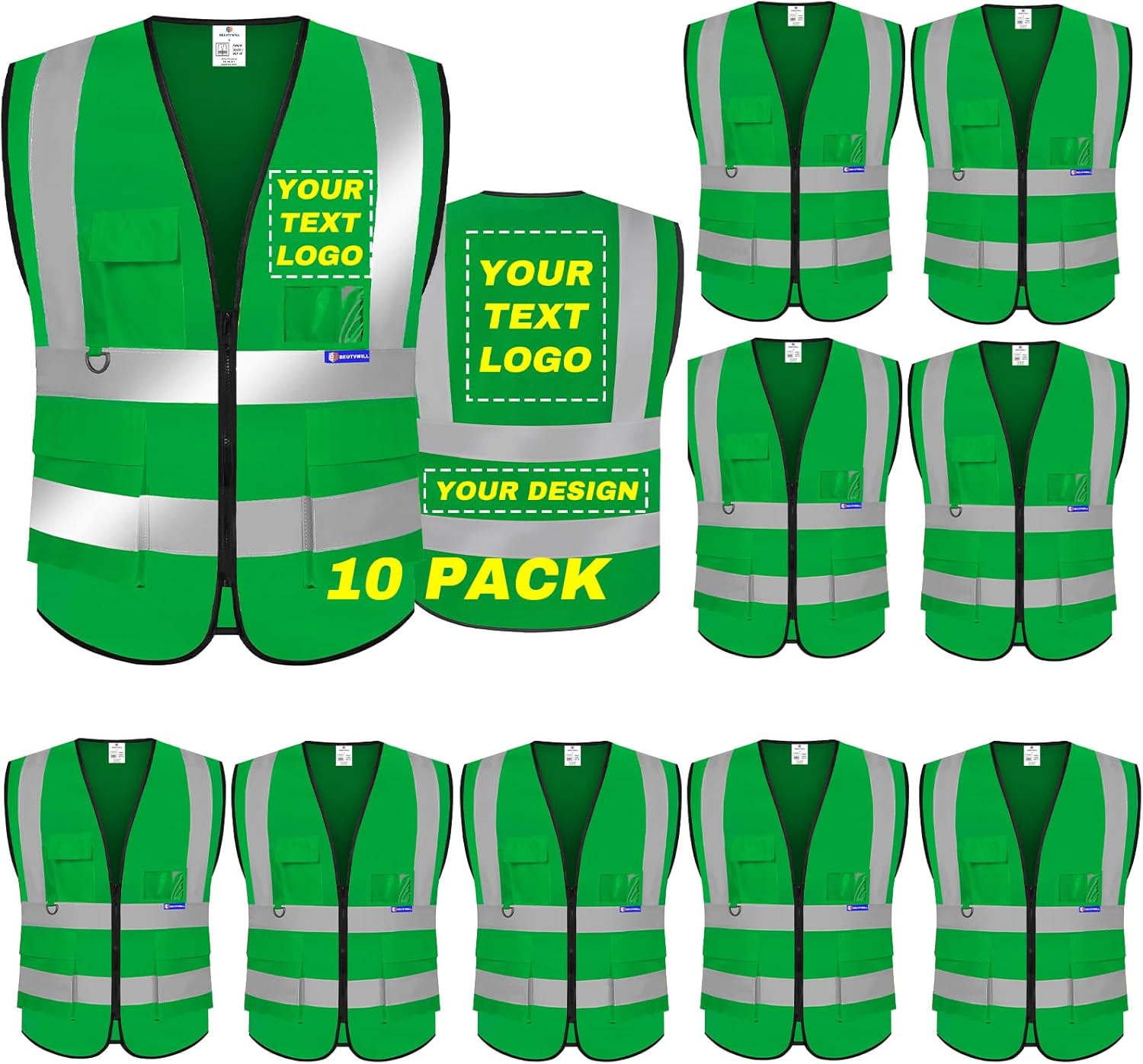 BeautyWill Custom Safety Vest logo Visibility Reflective Vest Class 2 Hi Vis Security Construction Work Vest