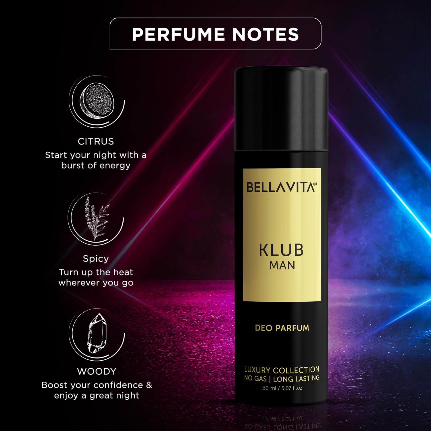 Bella Vita Luxury KLUB Man No Gas Body Deodorant Parfum for Men with Lemon, Rose and Vanilla|Musky and Spicy Long Lasting Fragrance Body Perfume DEO 150 Ml 1