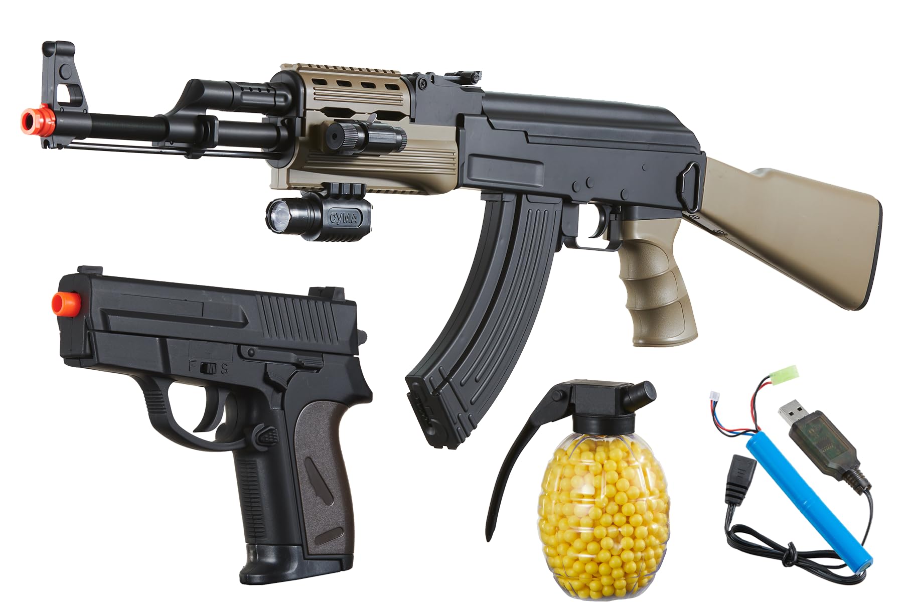 GoldenBall Airsoft Tactical AK47 AEG with Spring Pistol Kit-Battery & Charger, Laser, Flashlight, 0.12g bb Included