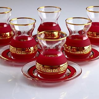 LaModaHome Turkish Arabic Tea Glasses Set, Fancy Vintage Handmade Set for Serving, Teatime, New Home Wedding Gift 12 Pcs Organic Dyed Red Color Turkish Tea Set