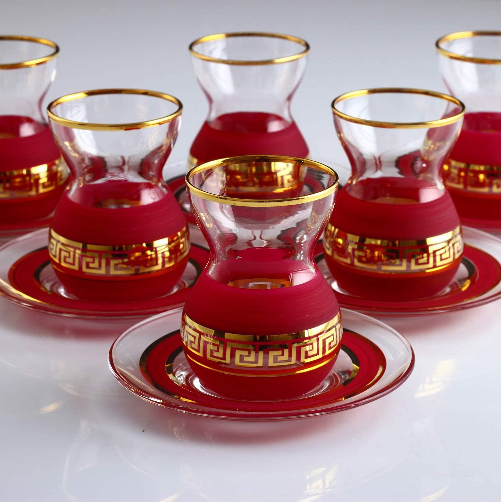 LaModaHome Turkish Arabic Tea Glasses Set, Fancy Vintage Handmade Set for Serving, Teatime, New Home Wedding Gift 12 Pcs Organic Dyed Red Color Turkish Tea Set
