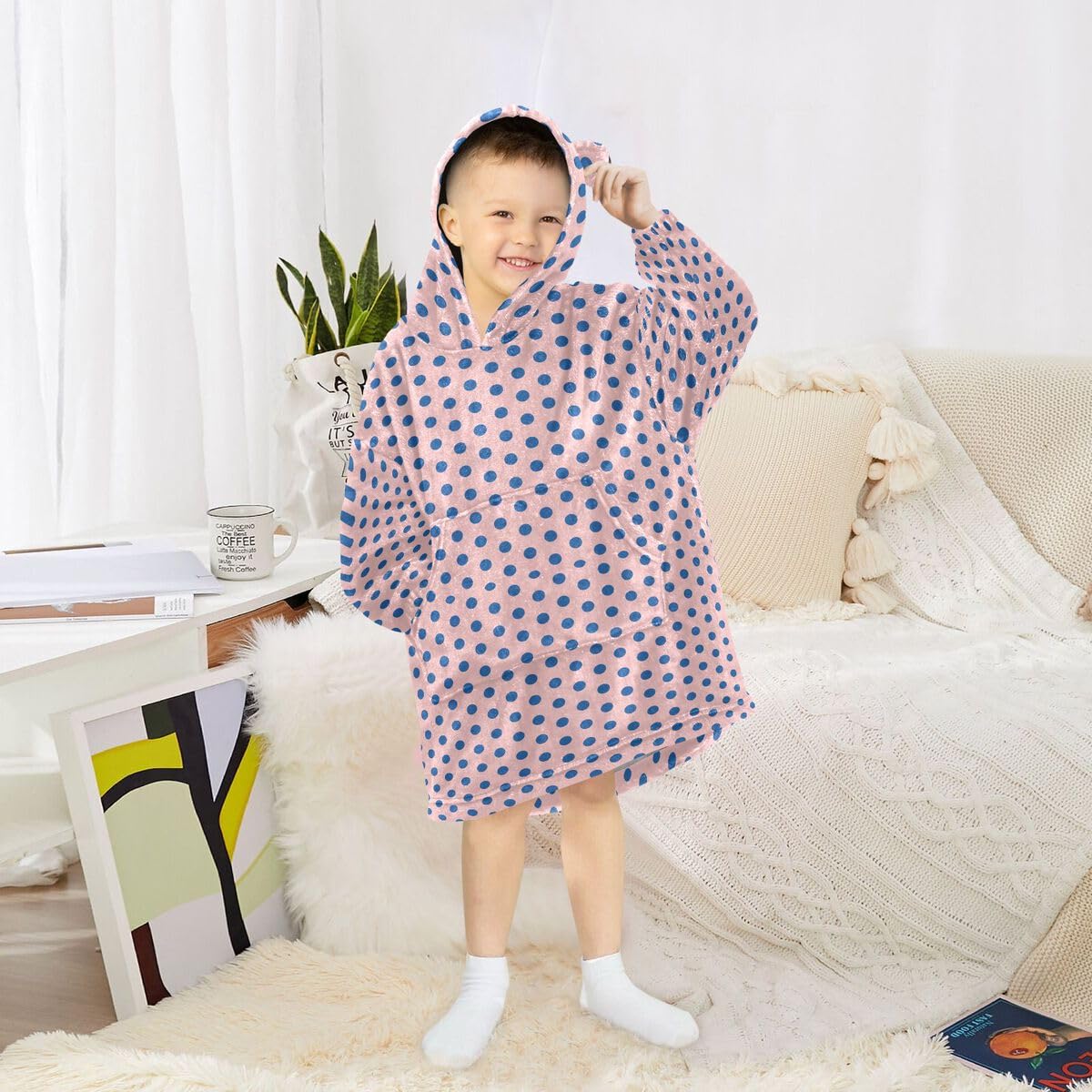Niebieski koc w kropki dla dzieci do noszenia bluza z kapturem oversize bluza koc sweter różowe kropki dla chłopców i dziewcząt w wieku 3-14 lat