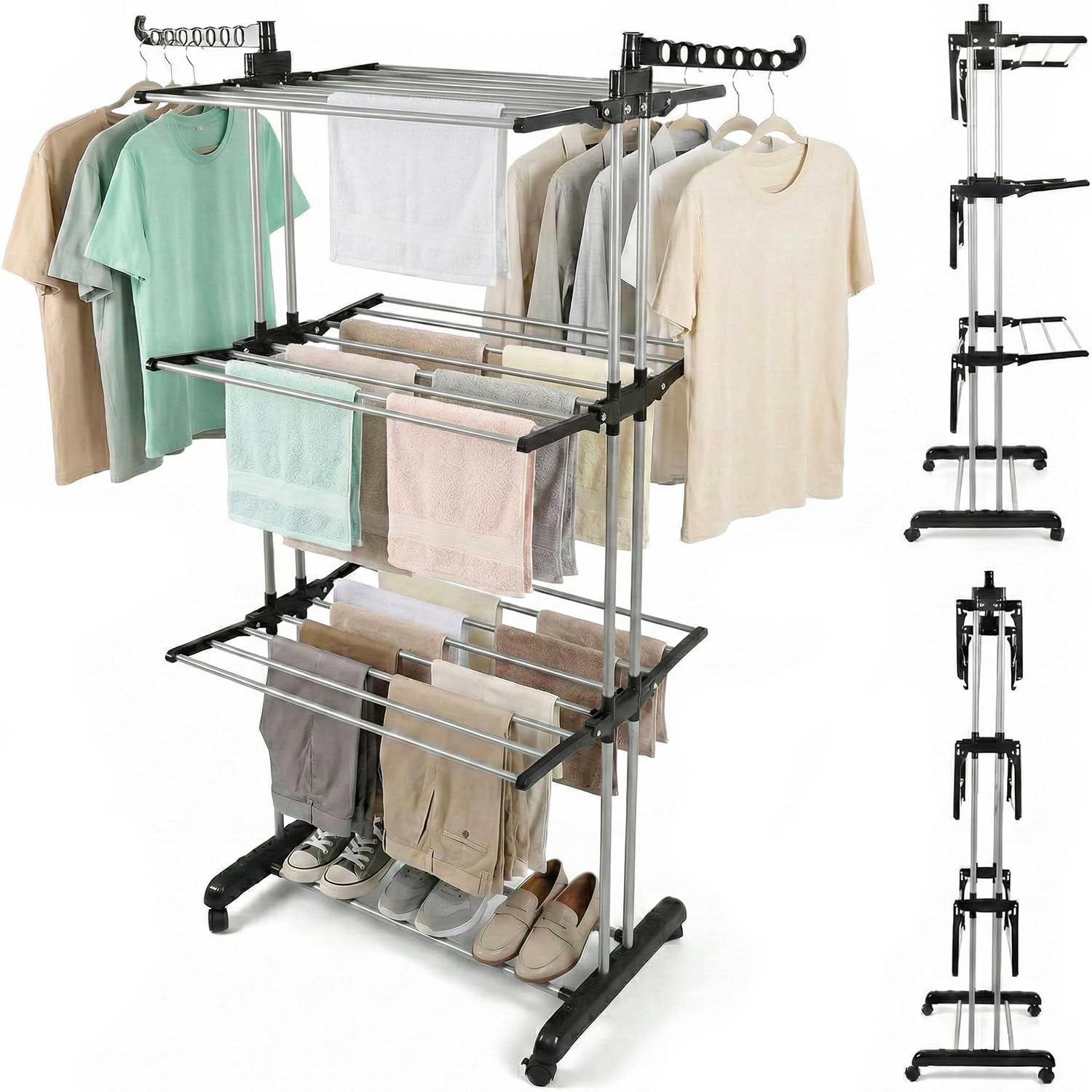 Rainberg Airer Clothes Drying Rack, Extra Large 4-Tier Capacity Foldable Clothes Drying Rack with Wheels, Adjustable Large Stainless Steel Garment Laundry Racks for Indoor Outdoor with Foldable Wings