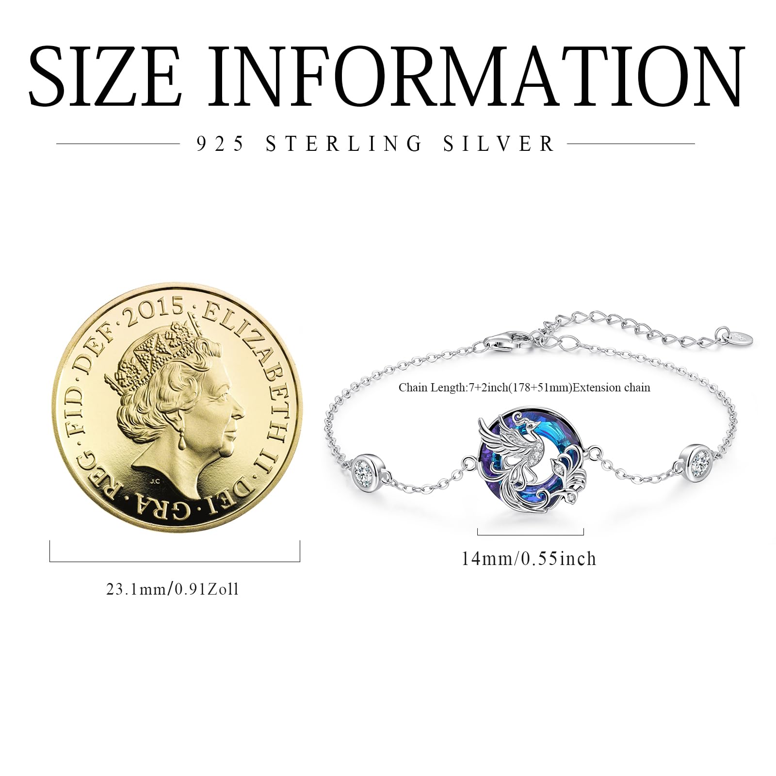 ABIGY Bracciale Phoenix in argento Sterling 925, gioielli di cristallo da donna, Eine Grösse, senza gemma, Eine Grösse, Argento sterling, Nessuna pietra preziosa