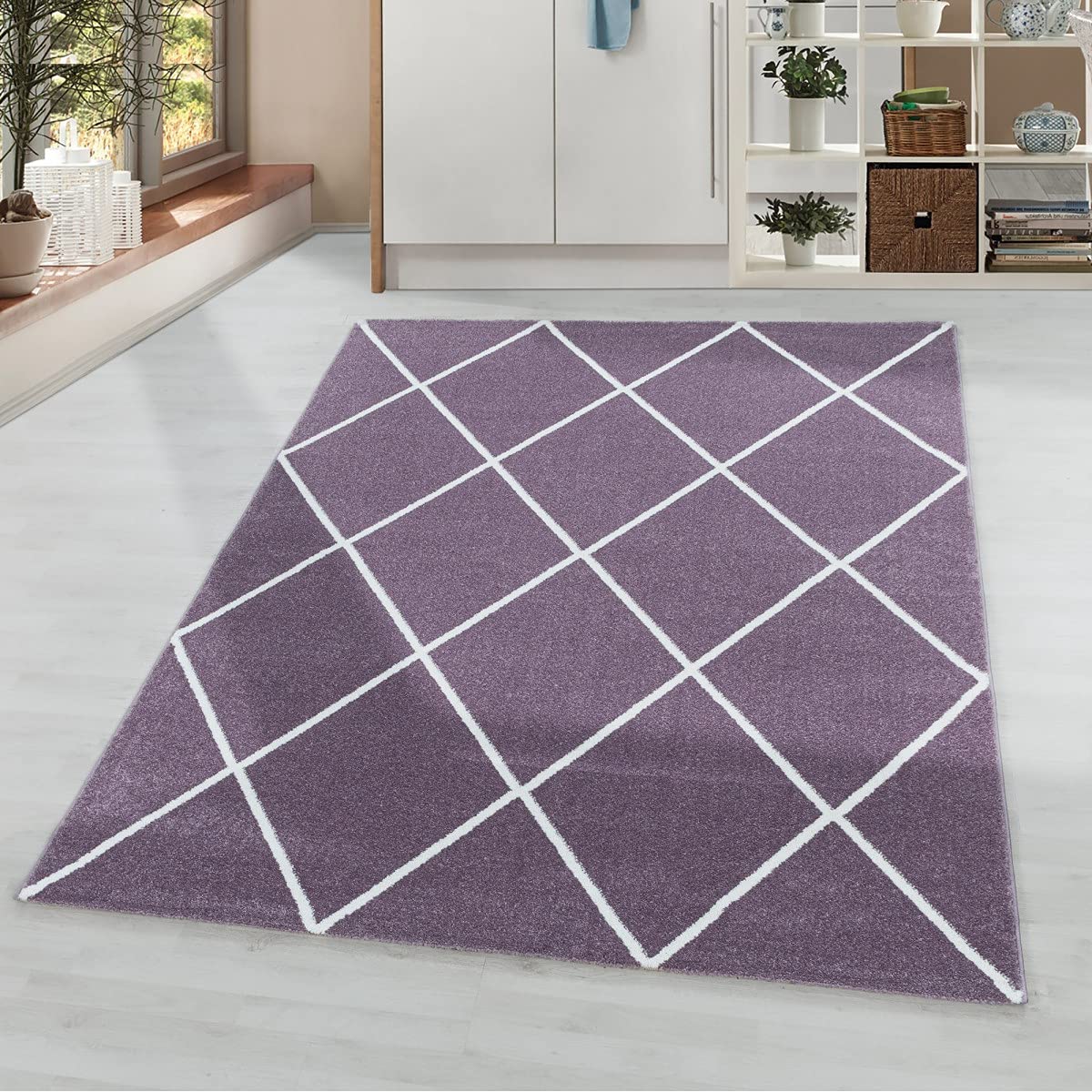 Tapis violet losange moderne 120 x 170 cm tapis design salon lignes unies