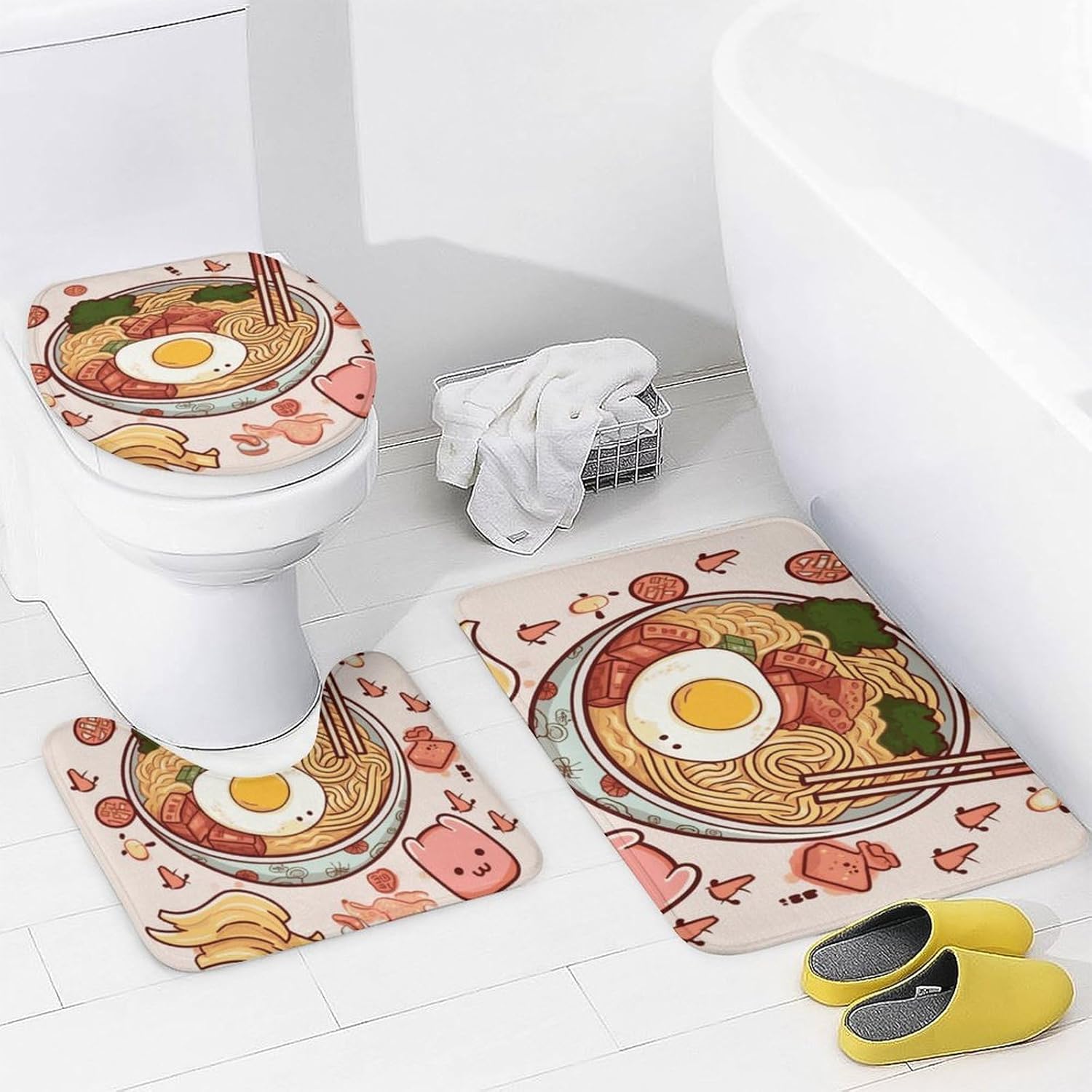 Delicious Sweet Ramen Shower Curtain Set 4 Piece, Non-Slip Bath Mat with Toilet Lid Cover and Waterproof Shower Curtain with 12 Hooks, Complete Bathroom Set for Home Decor