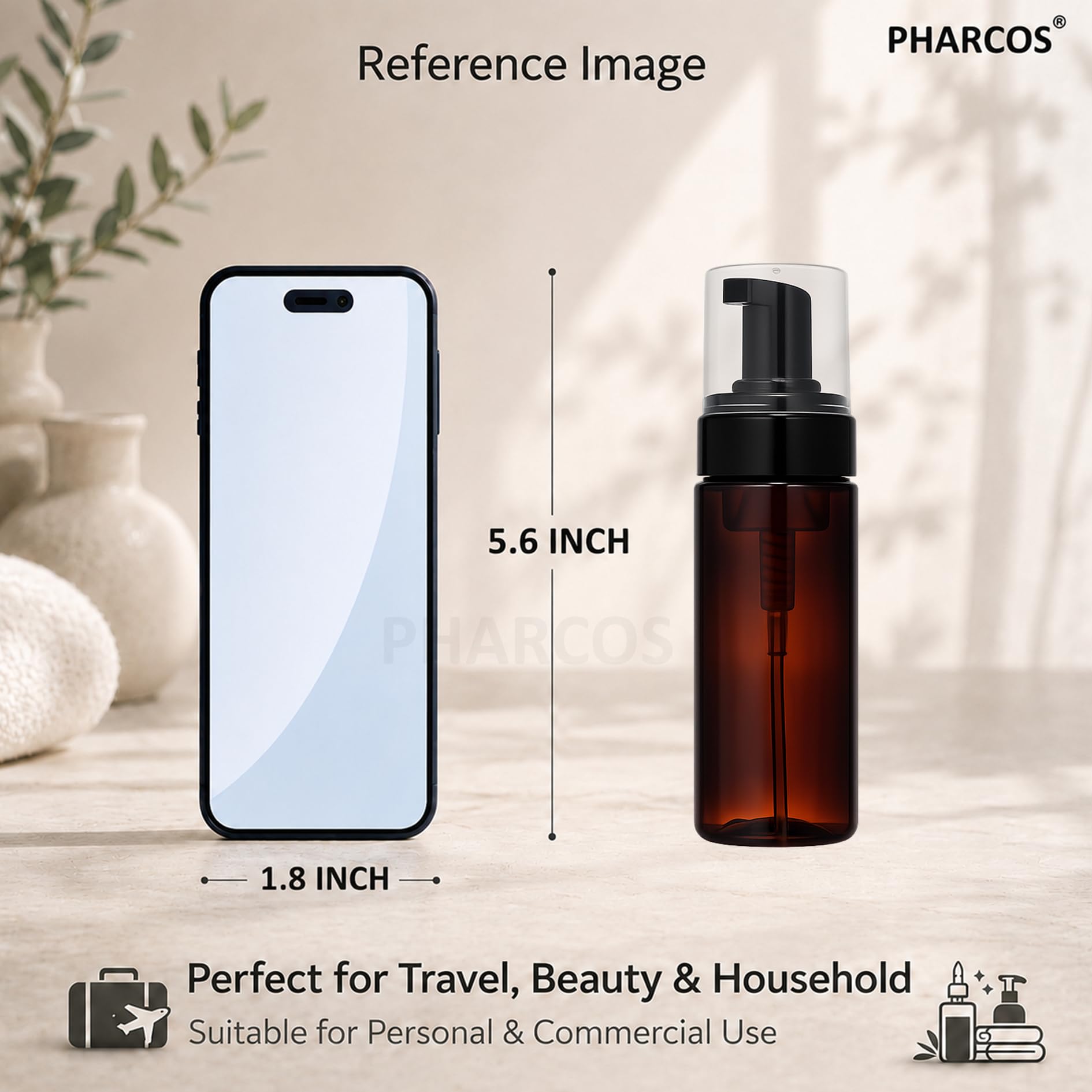 Pharcos Foaming Dispenser Bottle, Refillable Empty Pump Container for Liquid Soap, Face Wash, Shower Gel, Shampoo | BPA & Leak Free, Travel-Friendly - 100 ml (Amber & Black, Pack of 1) 1
