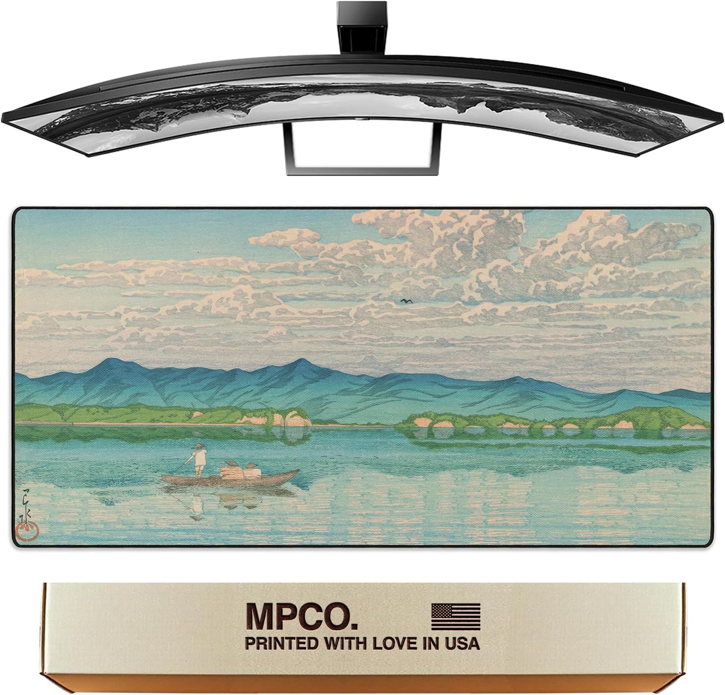 MPCO. Ukiyo-E Large Gaming Desk Pad - 36" x 17" Duraglyde Fabric Lake Hamana Desk Mats - Washable, Smooth Glide for Precision Gaming & Work