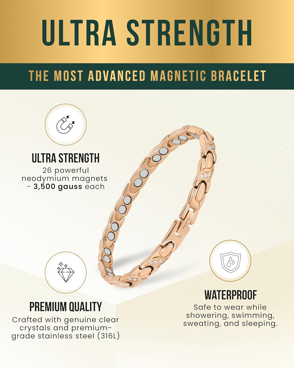 MagnetRX® Ultra Strength Magnetic Bracelets for Women – Double Magnet Stainless Steel Crystal Bracelet for Women – Adjustable Bracelet Length with Sizing Tool (Rose Gold XO) - Image 4