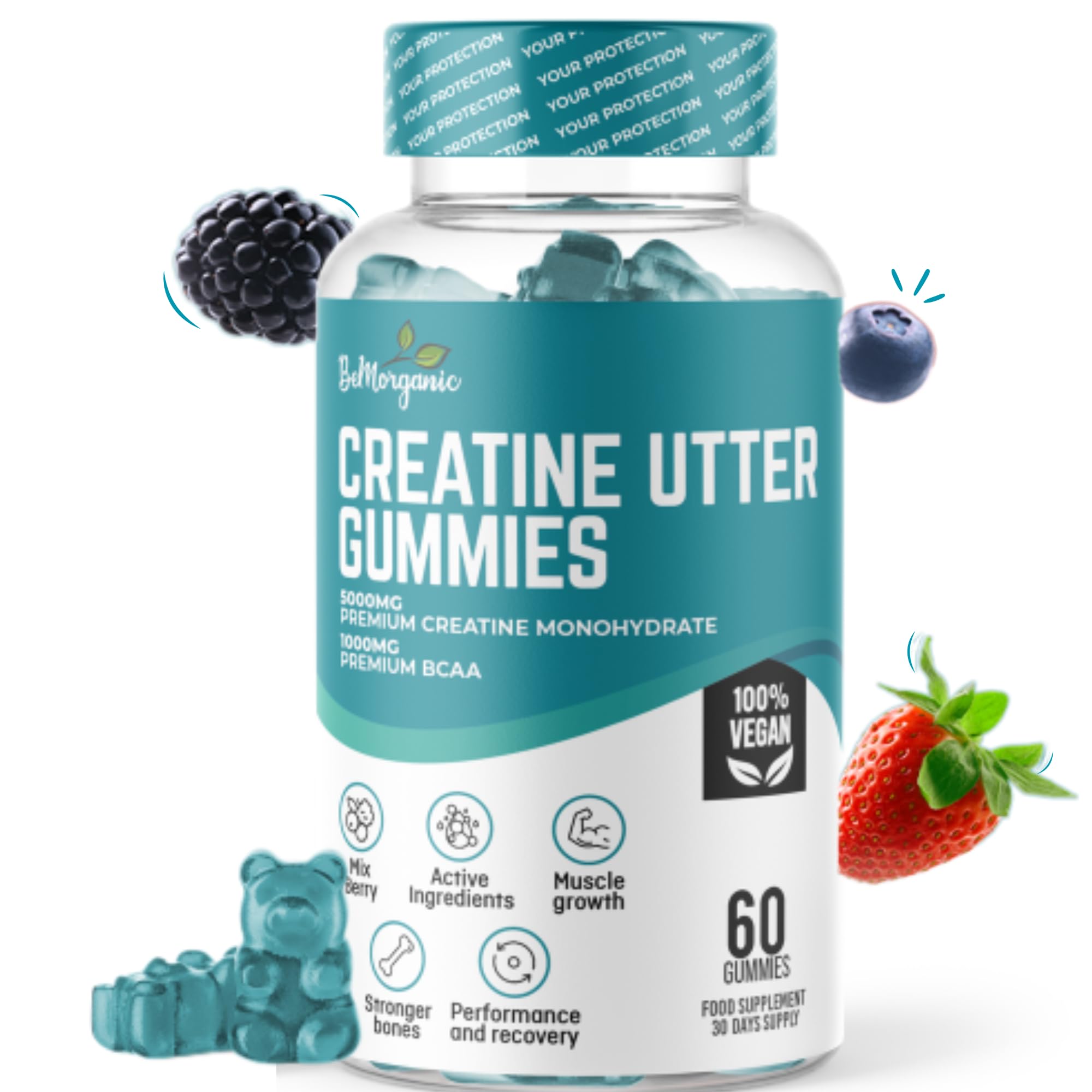 Premium Creatine Monohydrate Gummies 5000mg with BCAAs High Strength Workout Support for Muscle Power Strength & Recovery Vegan & Sugar Free Performance Formula 60 Tasty Gummies for Men & Women